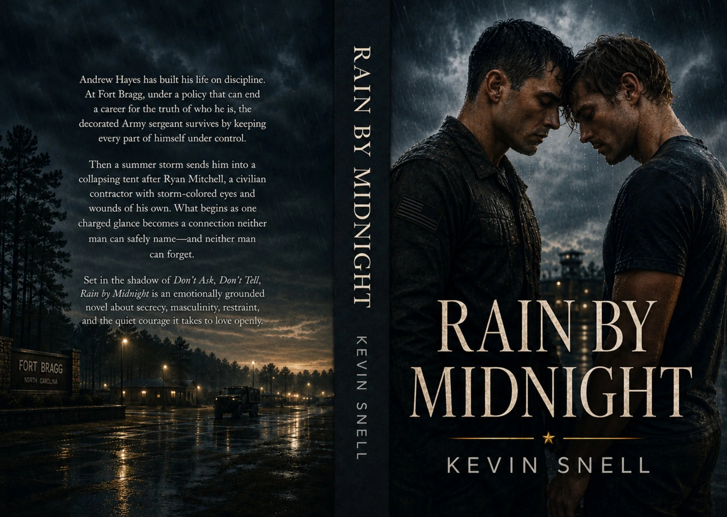 Rain by Midnight by Kevin Snell paperback cover, emotional M/M military romance about secrecy, masculinity, restraint, and loving openly