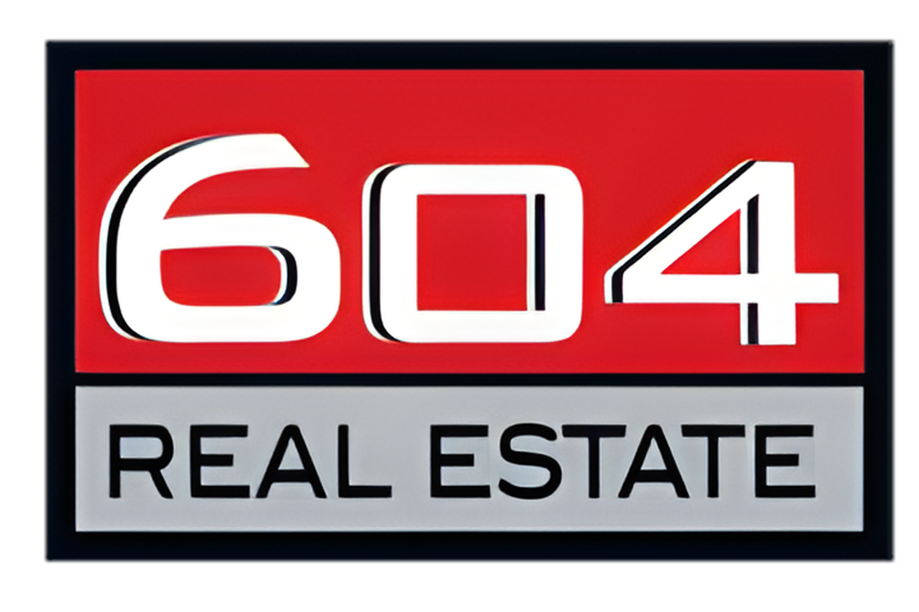 Logo of 604 Real Estate, with the text '604' in large white numbers on a red background, and 'REAL ESTATE' in black letters on a white background below.