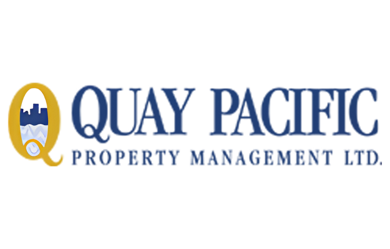 Logo for Quay Pacific Property Management Ltd featuring a cityscape with water and a boat, and the company name in blue text.