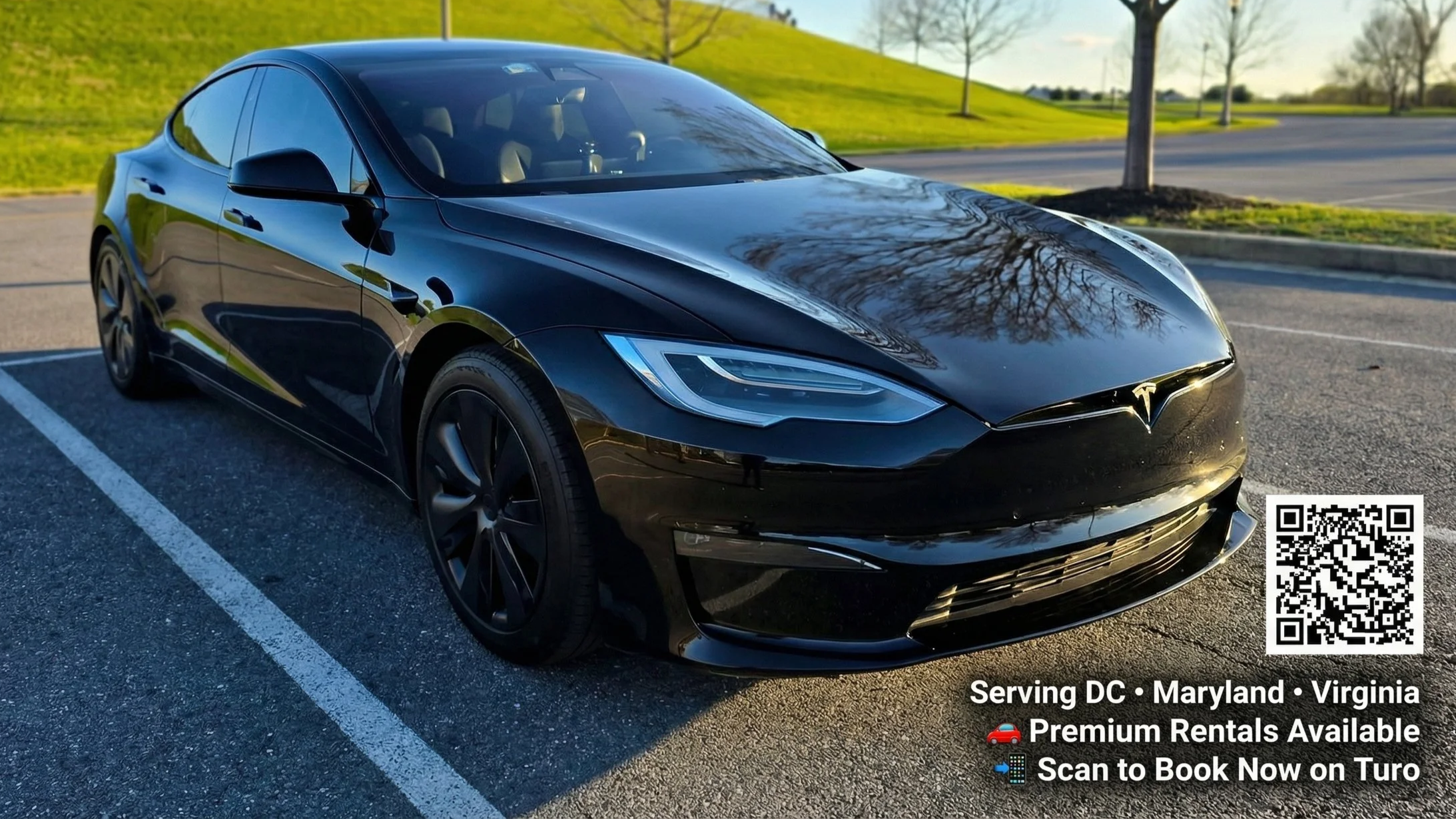 Black Tesla Model 3 parked in a parking lot with trees and grass in the background, reflected in the shiny surface of the car, with a QR code and text indicating rental services for D.C., Maryland, and Virginia.