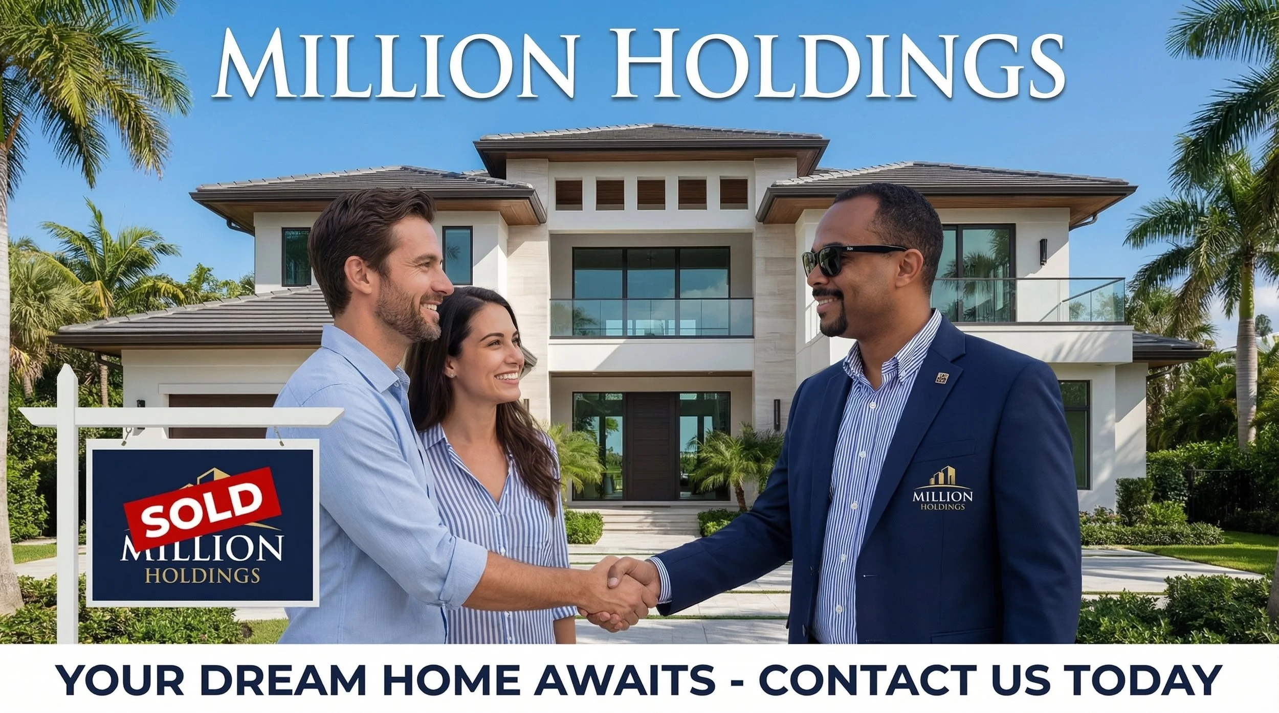 A real estate agent in a navy suit shaking hands with a happy couple in front of a modern house. The agent is wearing sunglasses and a pin, and both couples are smiling. A sign in the front yard indicates the house is sold by Million Holdings. The background shows palm trees and a clear blue sky.