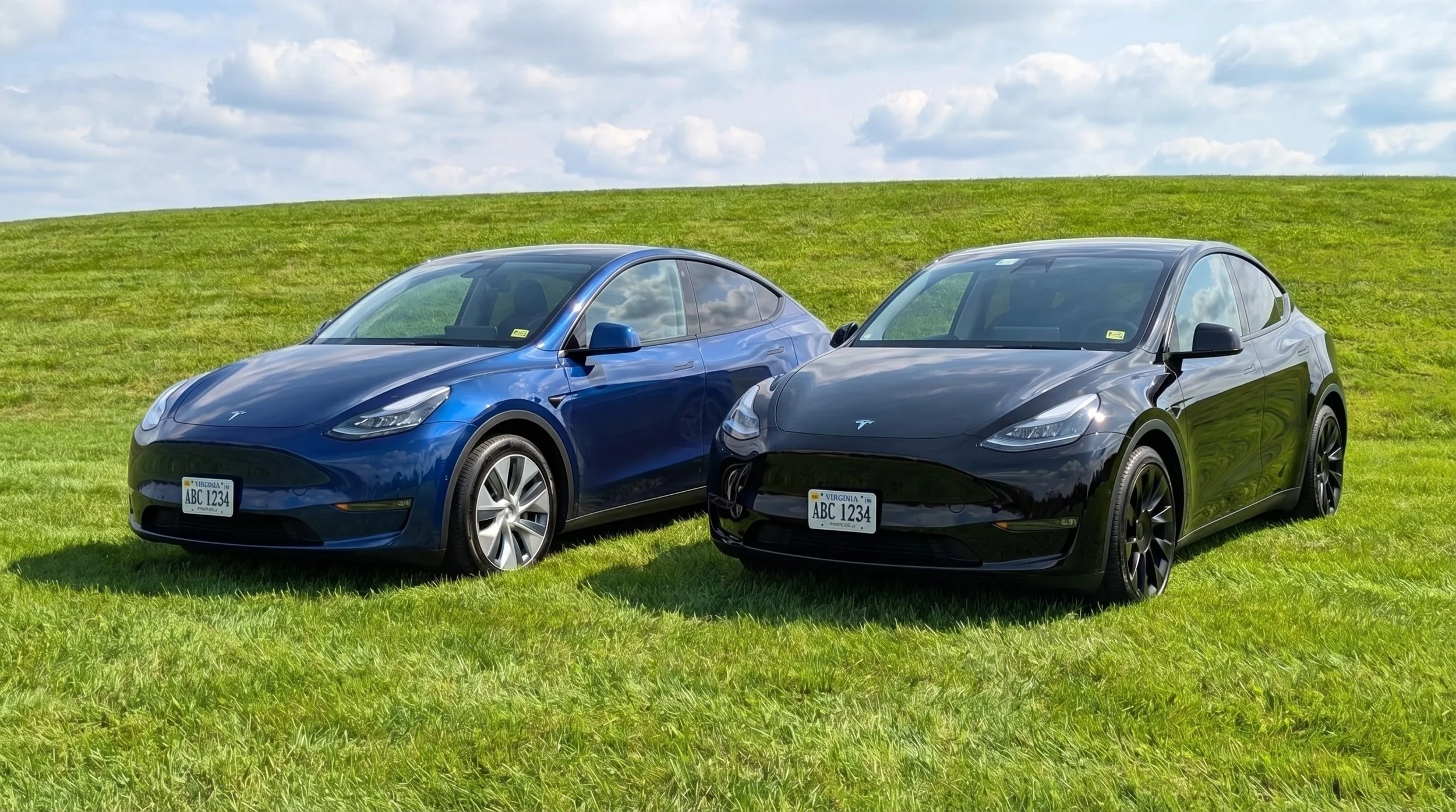 Two Tesla cars, one blue and one black, parked on a grassy field under a partly cloudy sky.