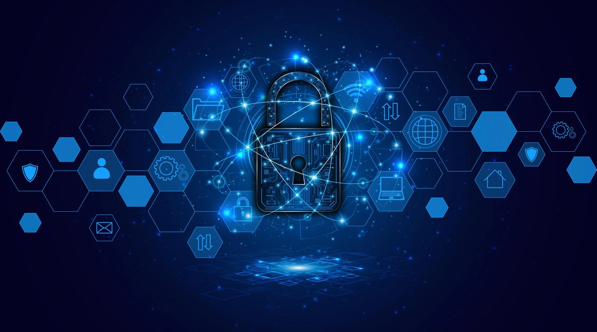 Digital illustration of a lock surrounded by interconnected icons representing cybersecurity and data protection, with a blue futuristic background.