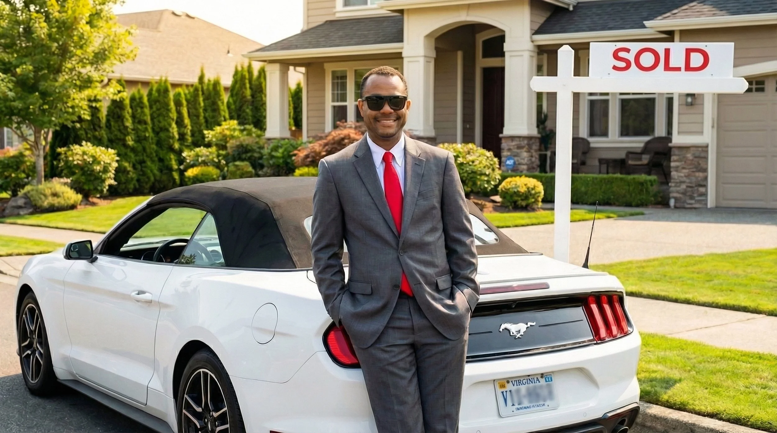 A man in a gray suit with a red tie and sunglasses standing next to a white convertible car with a 'SOLD' sign in the background of a suburban neighborhood.