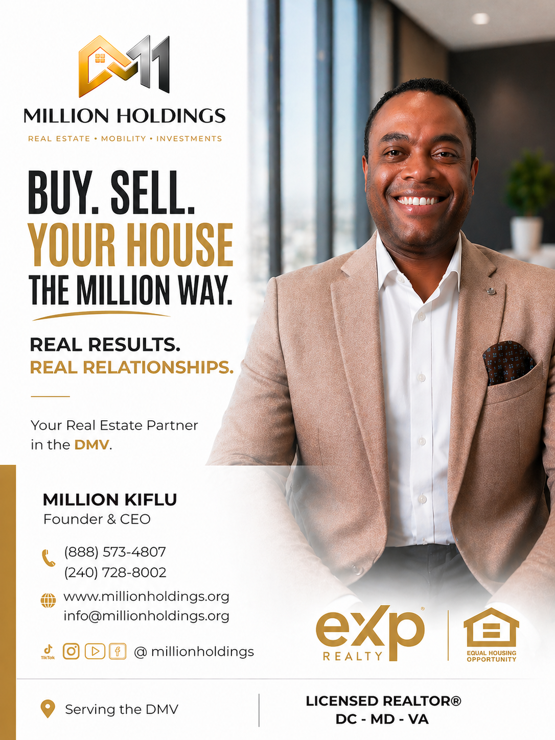 An advertisement for Million Holdings featuring a smiling man in a beige suit jacket, with text promoting real estate buying and selling services, contact information, and social media icons.