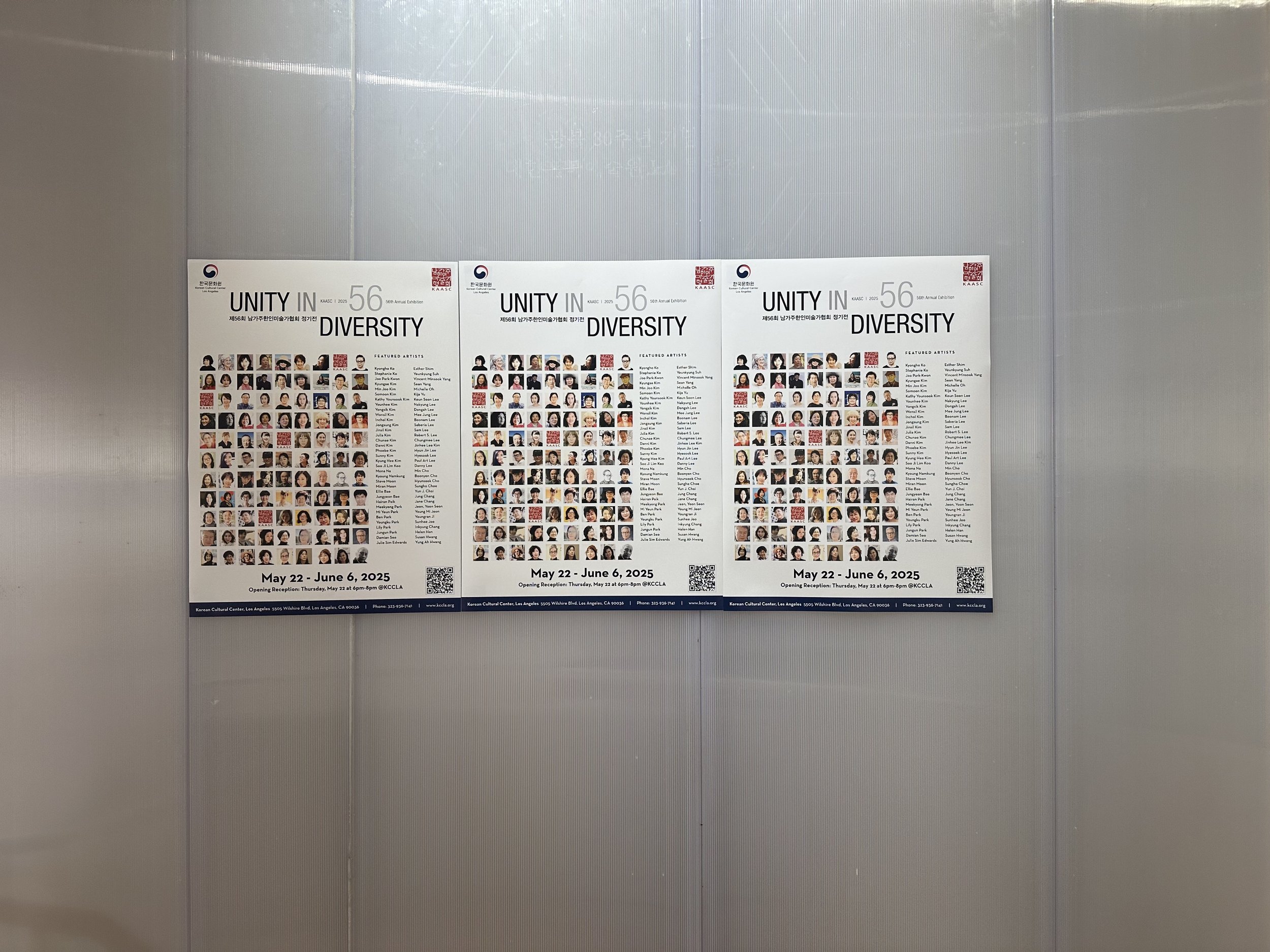 Three posters for an event titled 'Unity in Diversity,' held from May 22 to June 6, 2025, displayed on a gray wall. Each poster features a collage of student portraits and a list of featured artists, with the event taking place at the Korean Cultural