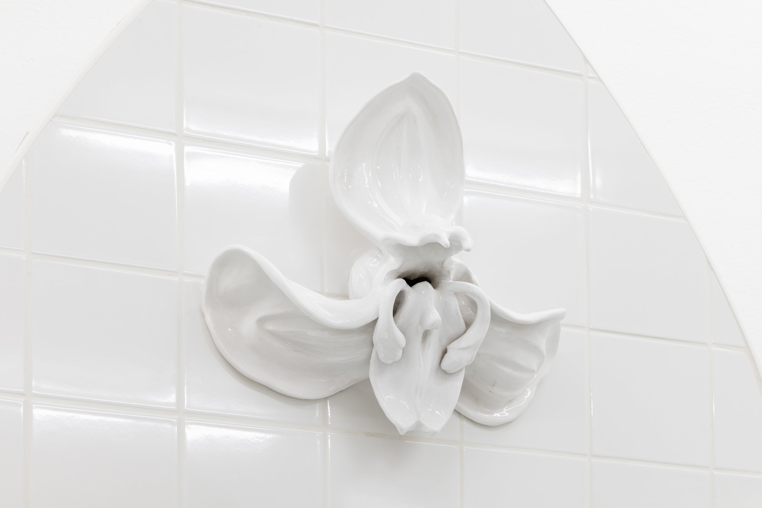 White ceramic wall decoration resembling a flower or butterfly attached to white tiled bathroom wall.