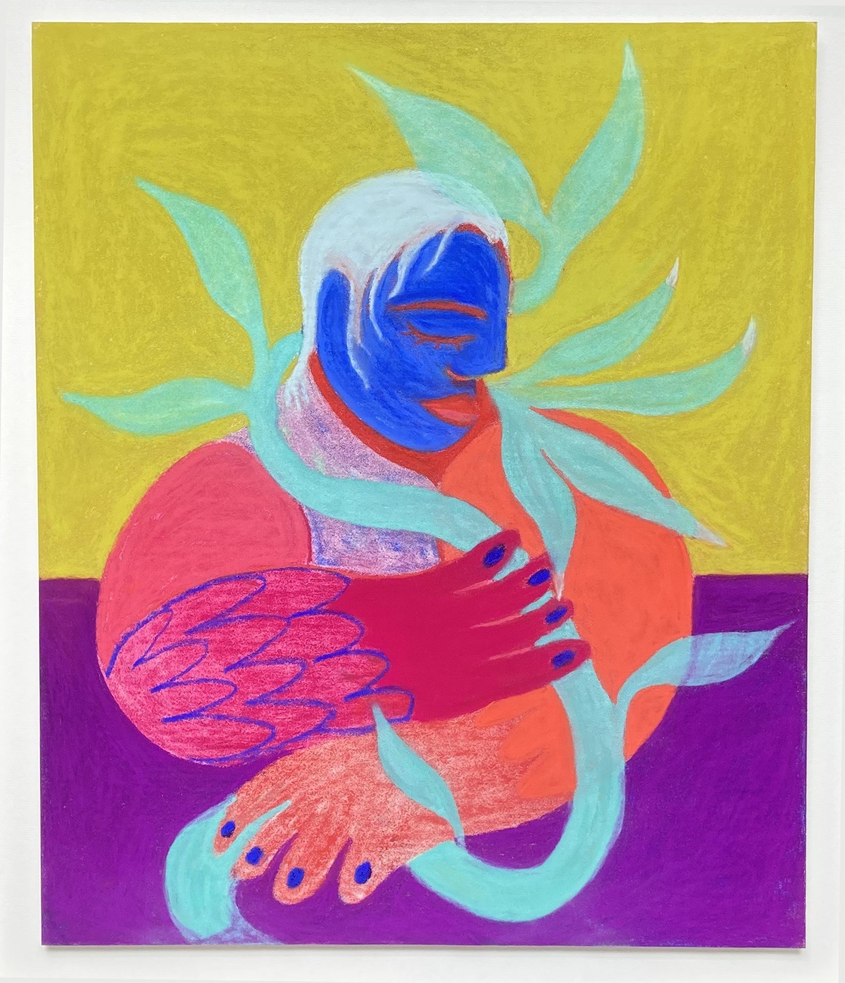 Colorful abstract drawing of a person's face with closed eyes, long flowing hair, and a hand resting on their chest, featuring shades of blue, pink, orange, and yellow with a purple background.