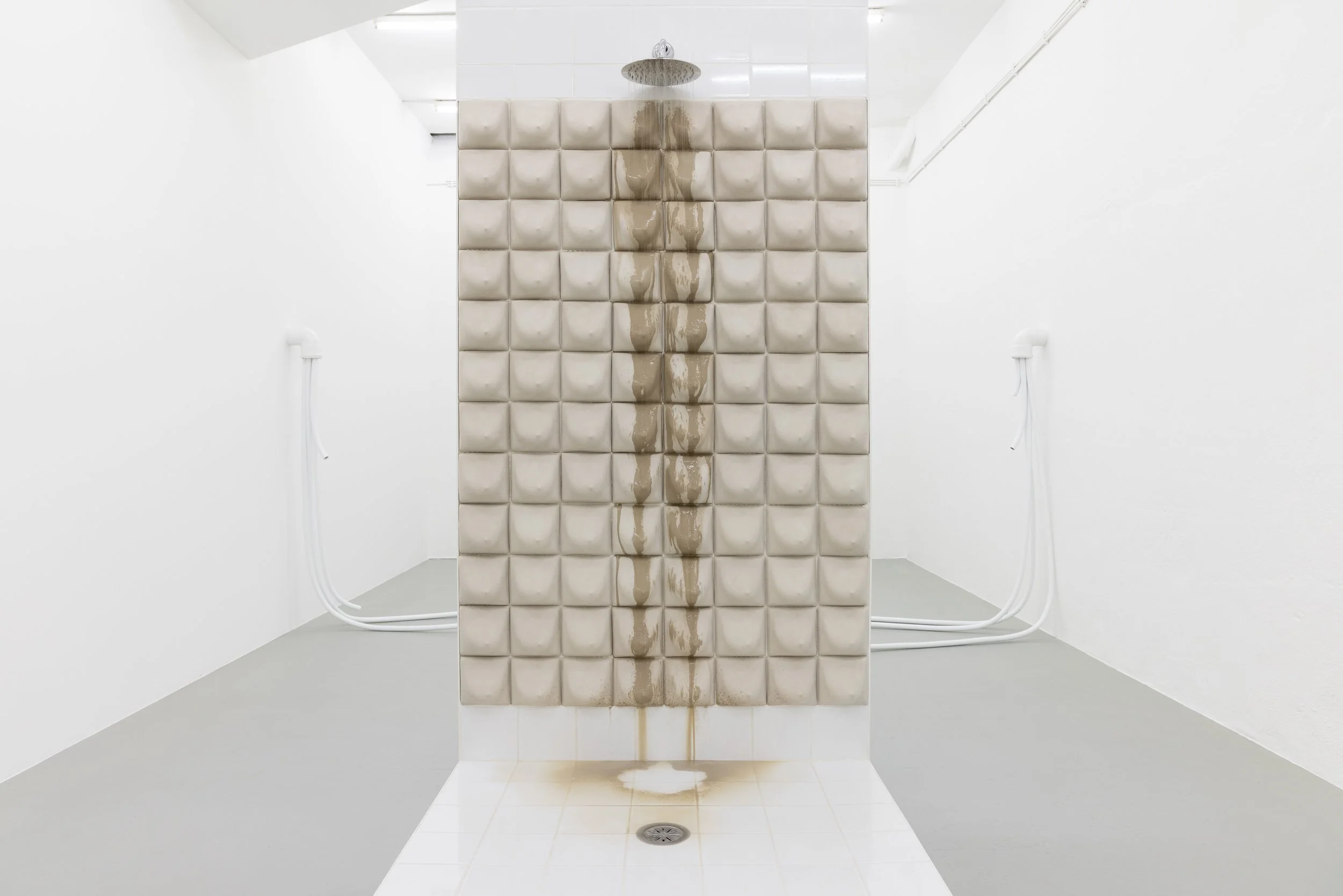 A shower area with a tiled wall, a showerhead at the top, and stains running down the wall and floor.