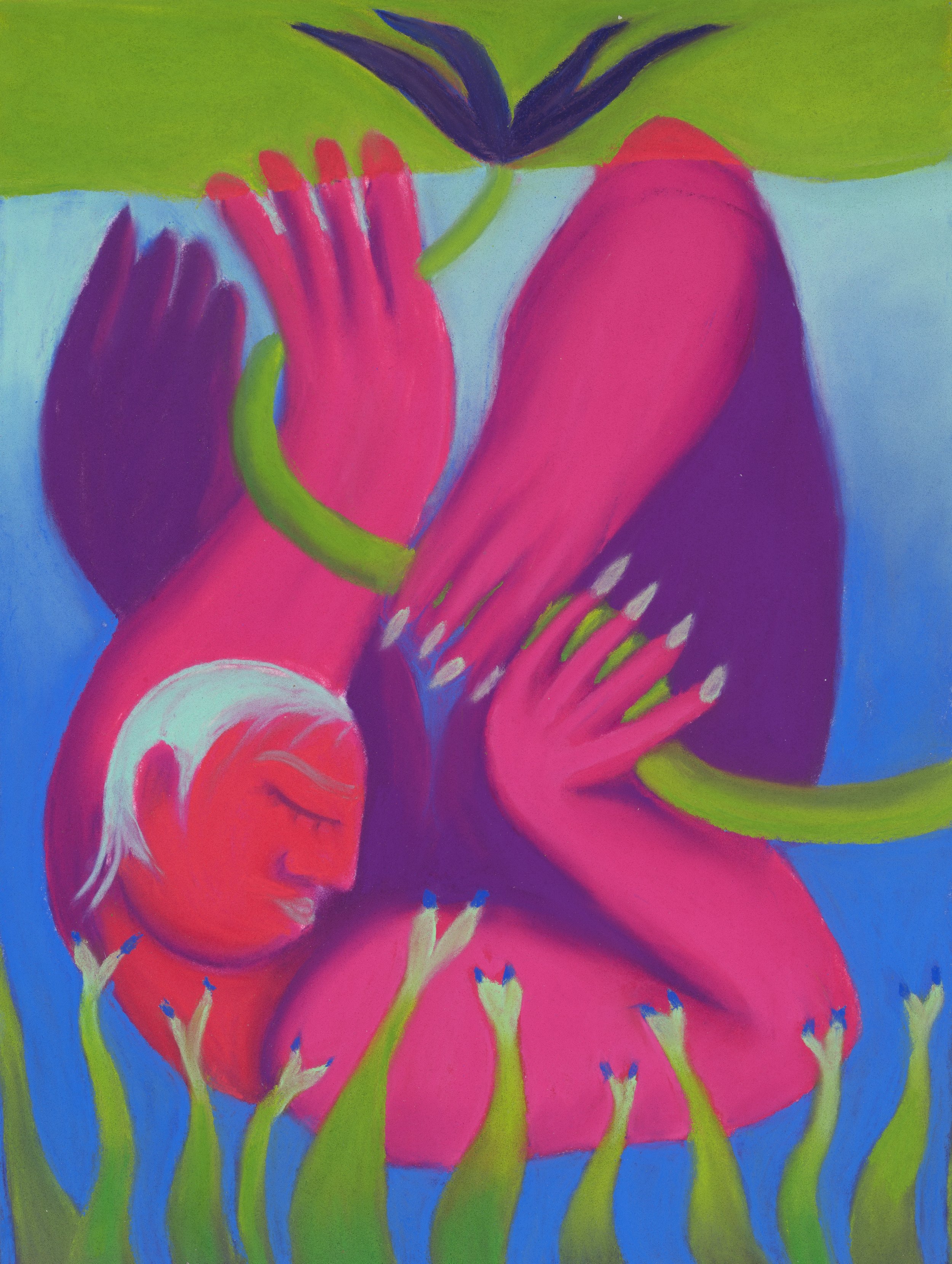 A colorful abstract painting of a woman with white hair, her eyes closed, surrounded by green plant-like shapes, with her hands covering her face, set against a vibrant background of pink, purple, blue, and green colors.