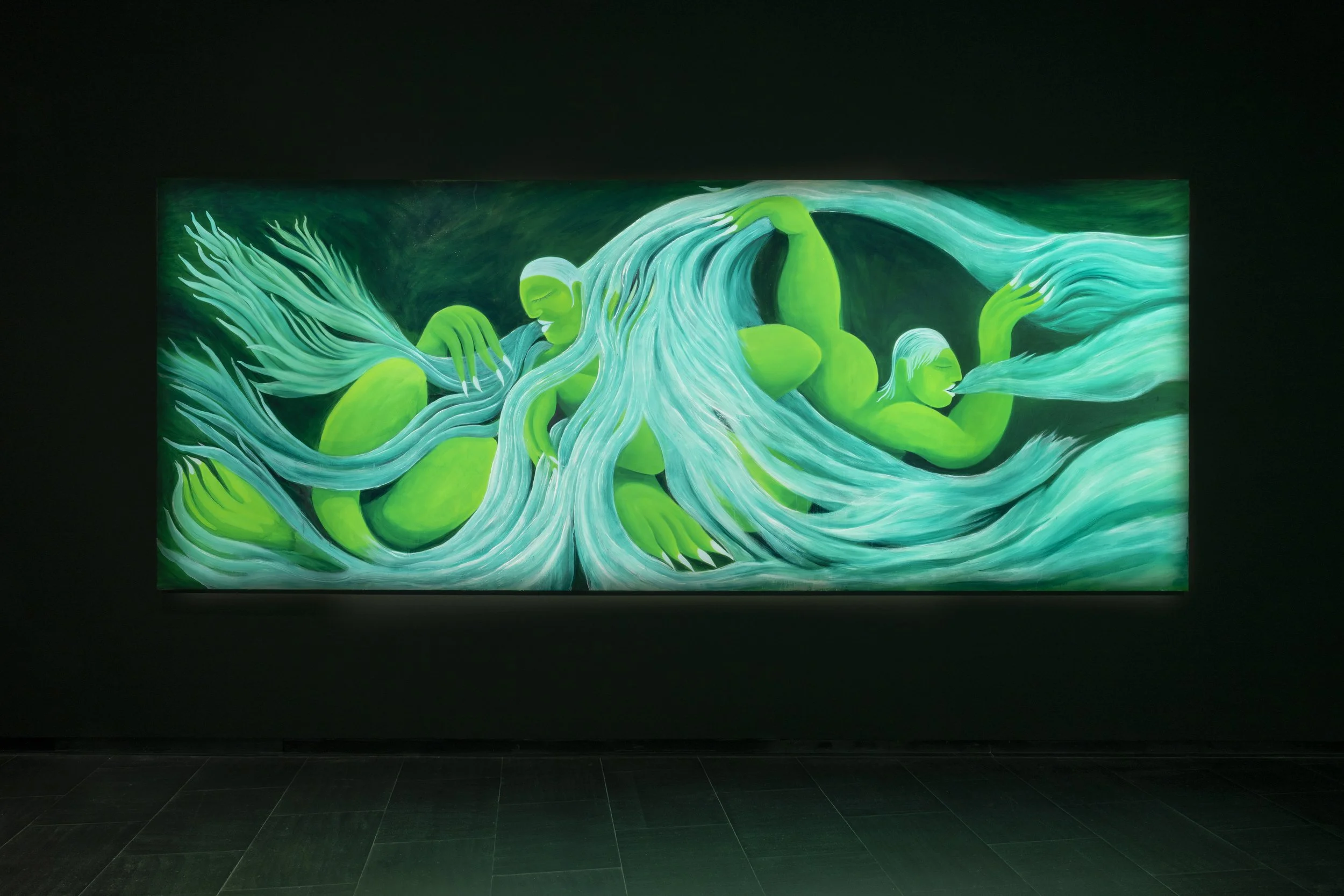 Artwork depicting three green-skinned women with flowing hair intertwined with water, set against a dark background.