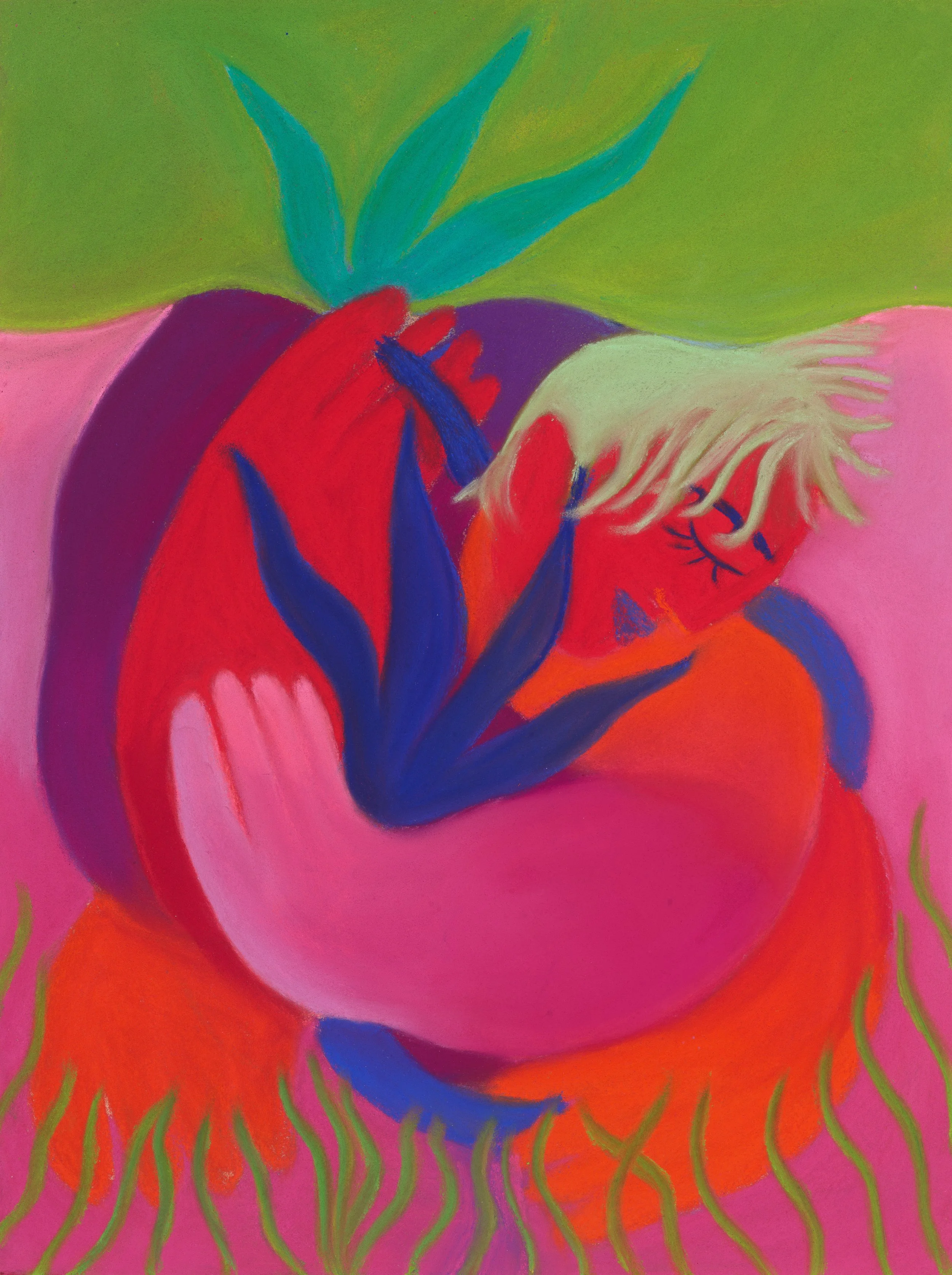 A colorful painting of a woman with light hair, eyes closed, in a relaxed pose inside a pink fruit, with green, blue, red, and purple colors creating an abstract background.