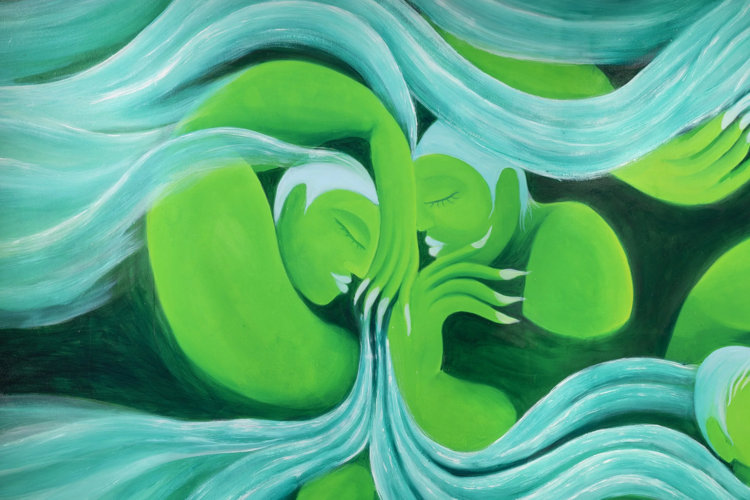 Abstract painting of two green, smiling faces with closed eyes embracing each other, surrounded by flowing blue and green shapes.