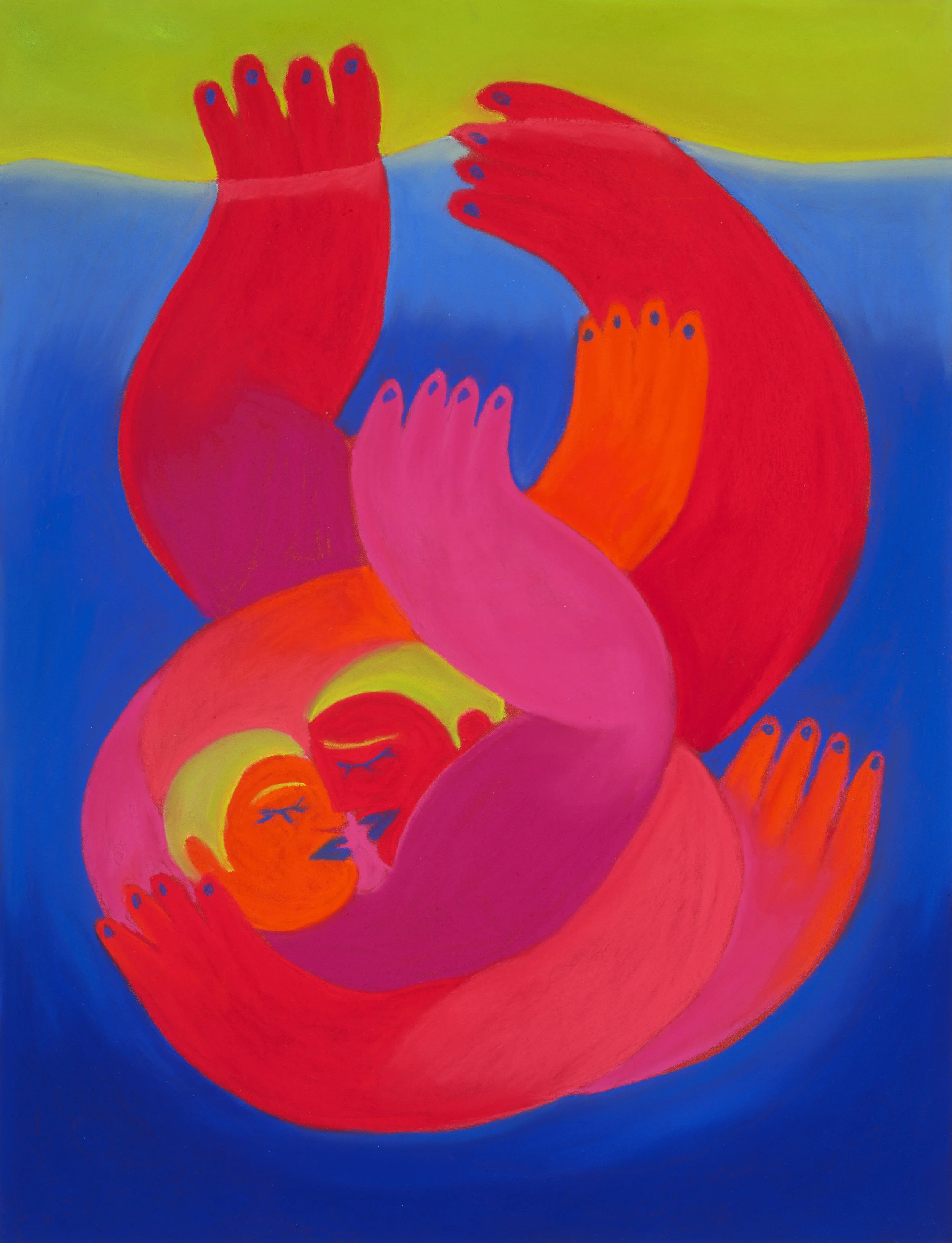 Abstract painting of two children hugging, with bright colors including red, pink, orange, yellow, blue, and green. The children have their eyes closed, with smiling faces, and are surrounded by large, colorful arms.