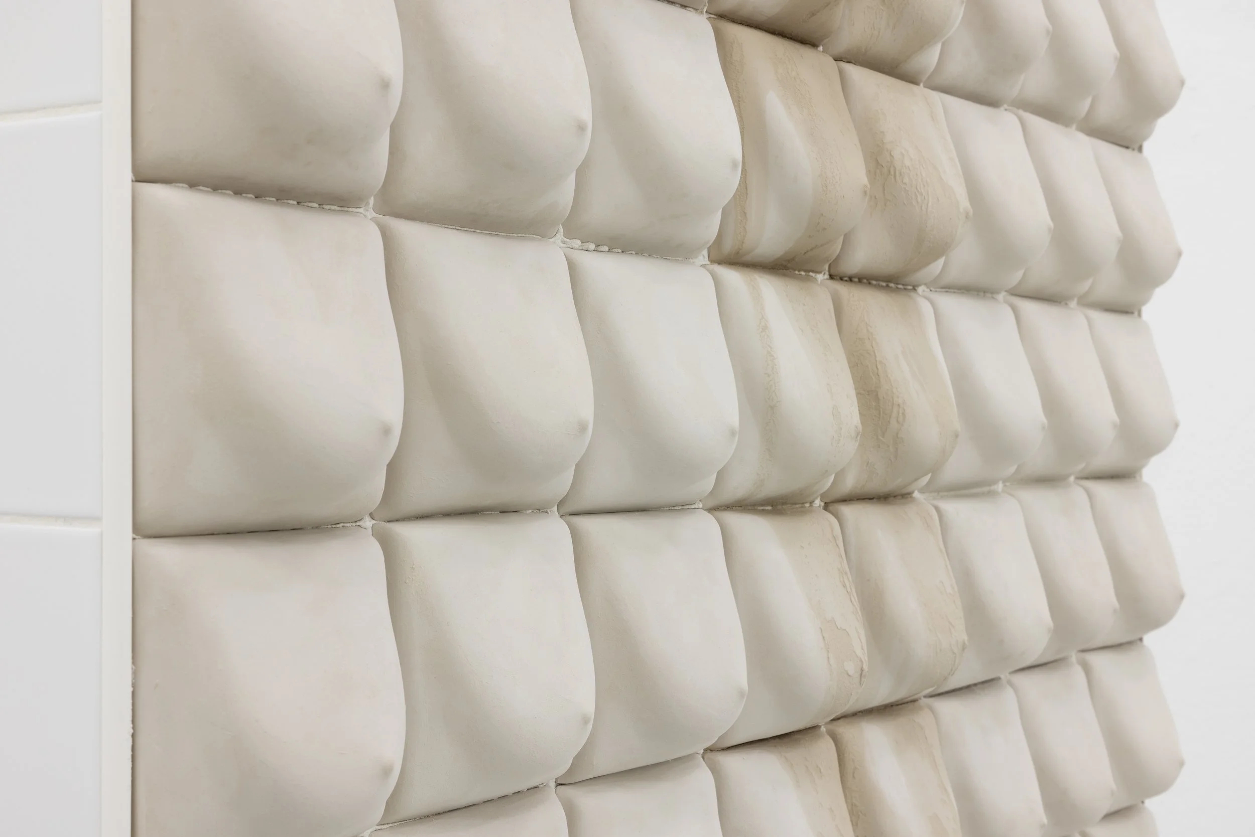 Close-up of white, rounded ceramic tiles arranged in a grid on a wall.