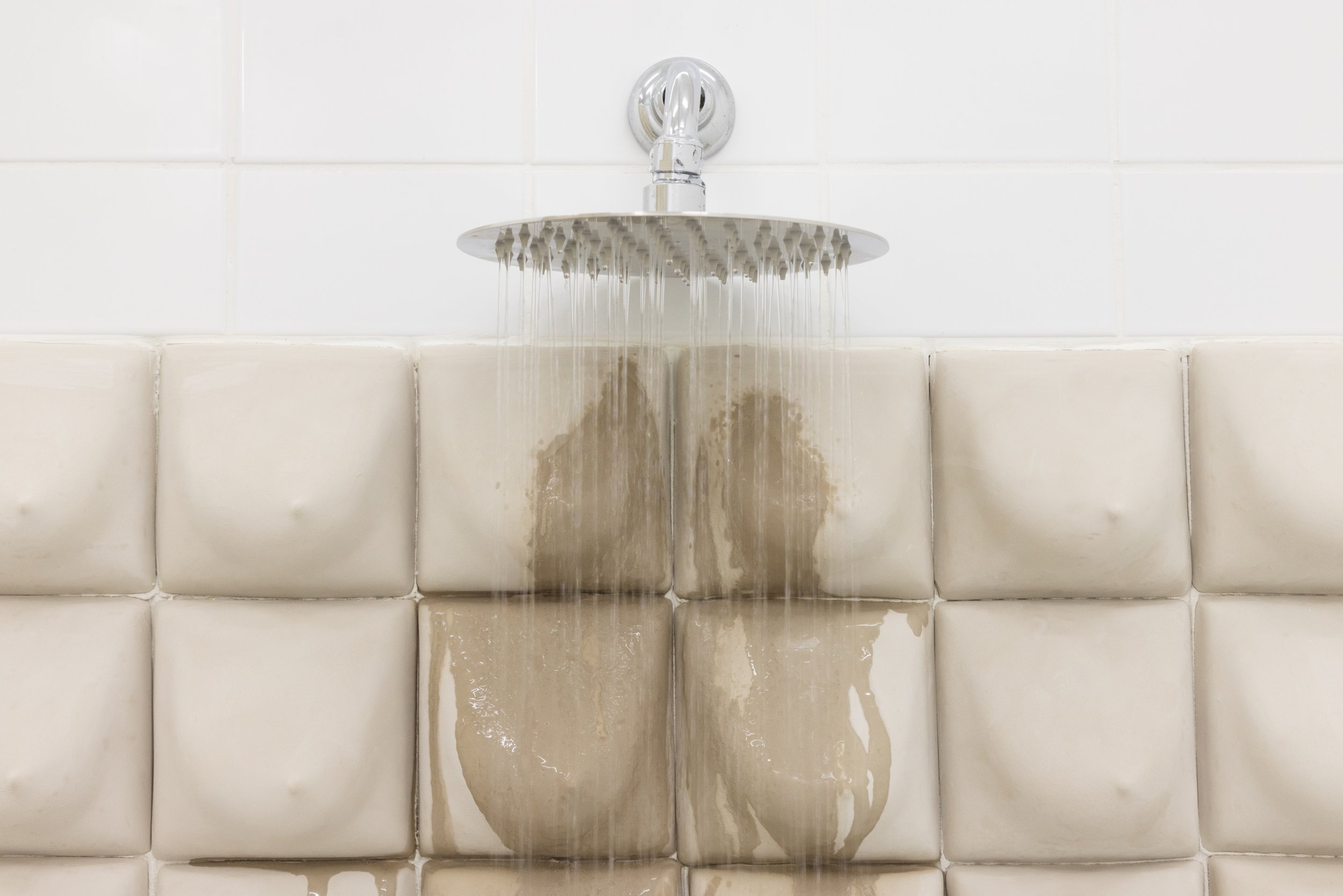 Showerhead with water flowing onto tiled wall.