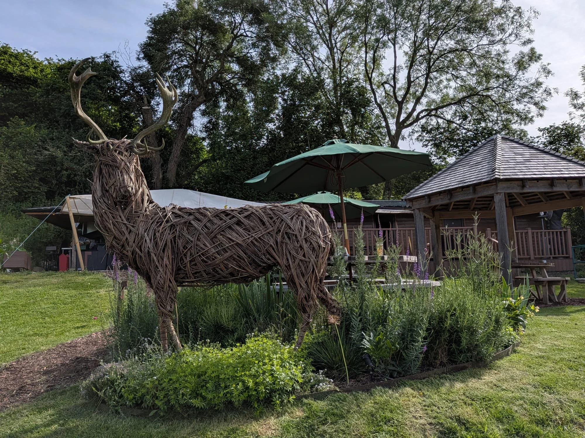 A decorative woven statue of a deer standing in a garden with green grass, plants, and purple flowers in the foreground. There are umbrellas and a wooden building with a shingled roof in the background under a partly cloudy sky with tall trees.