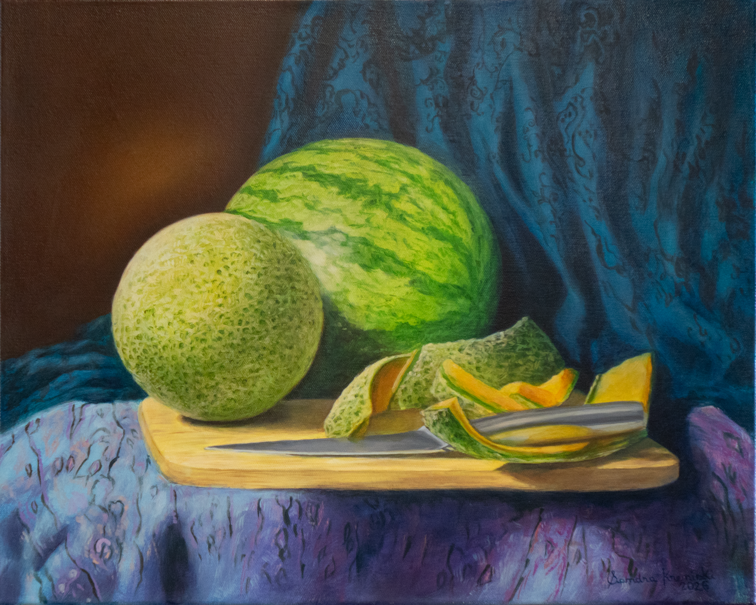 Melons on Blue Drapery