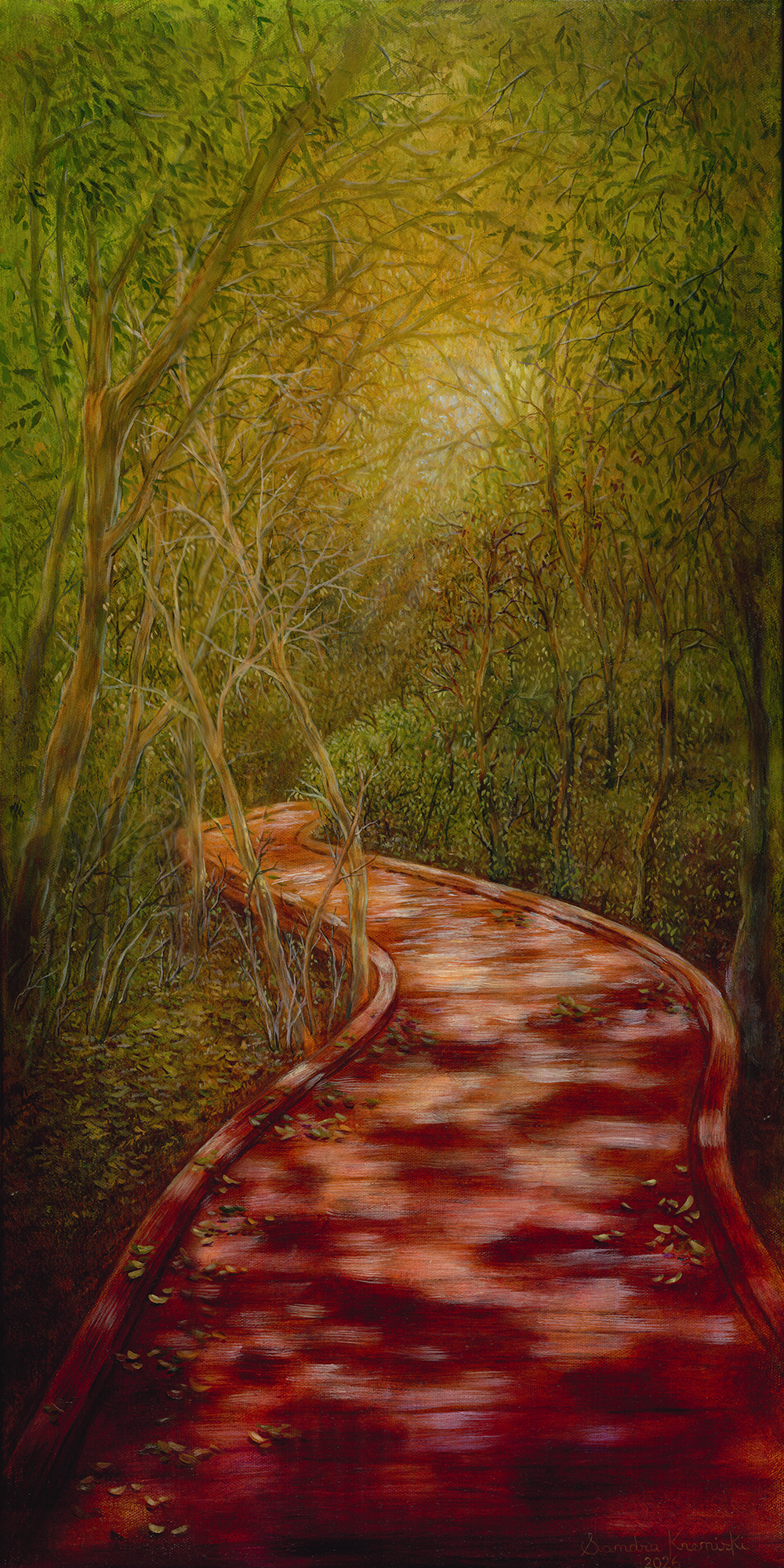 SandraKreniski_A Quiet Path Through Light, Riccarton Forest_380 × 760 X 35m.png