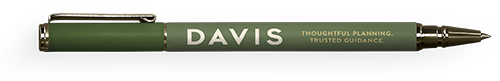 Green pen with white text that says 'Davis' and yellow text that says 'Thoughtful Planning, Trusted Guidance'