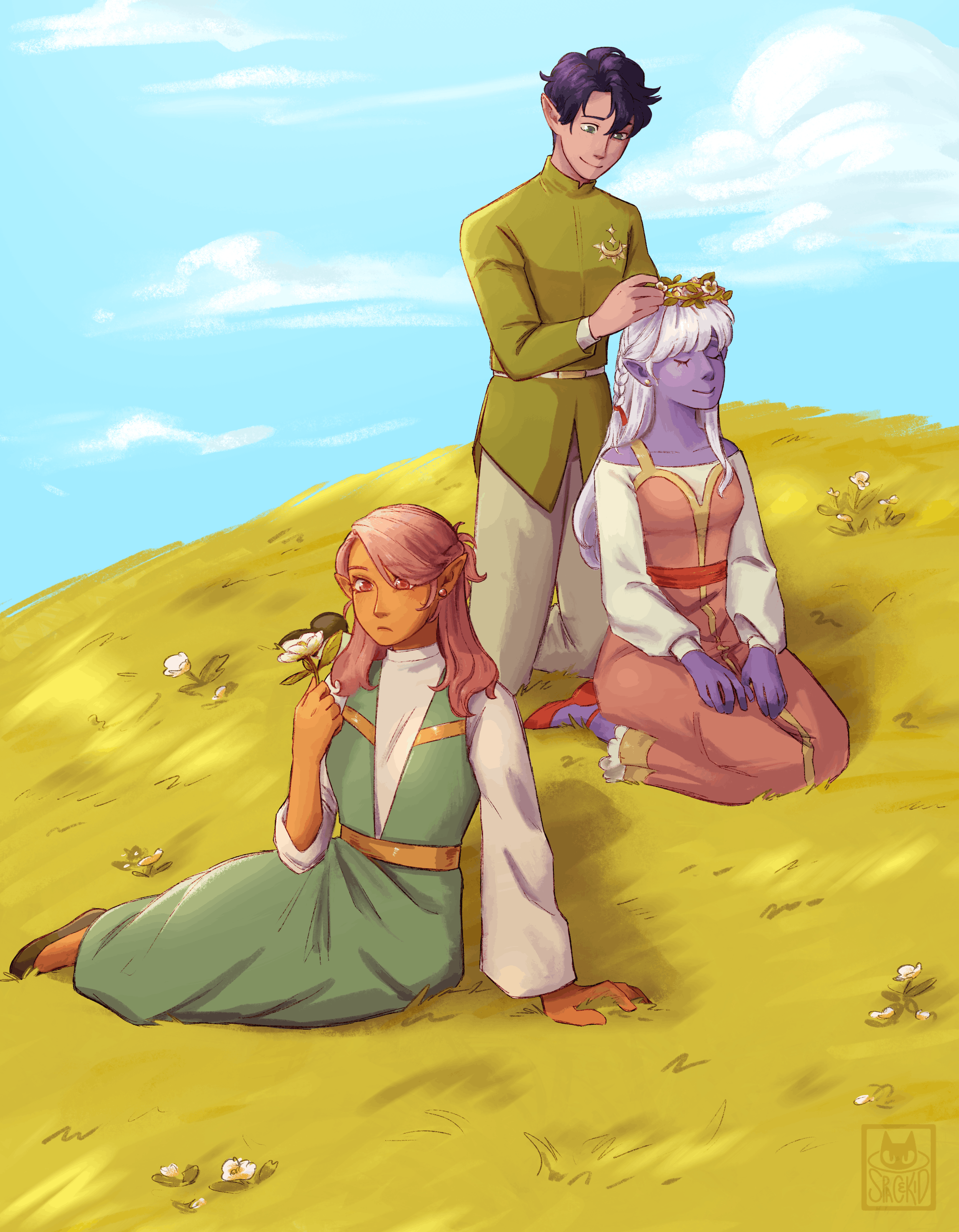 Three people, two girls and one boy, on a grassy field admiring flowers.