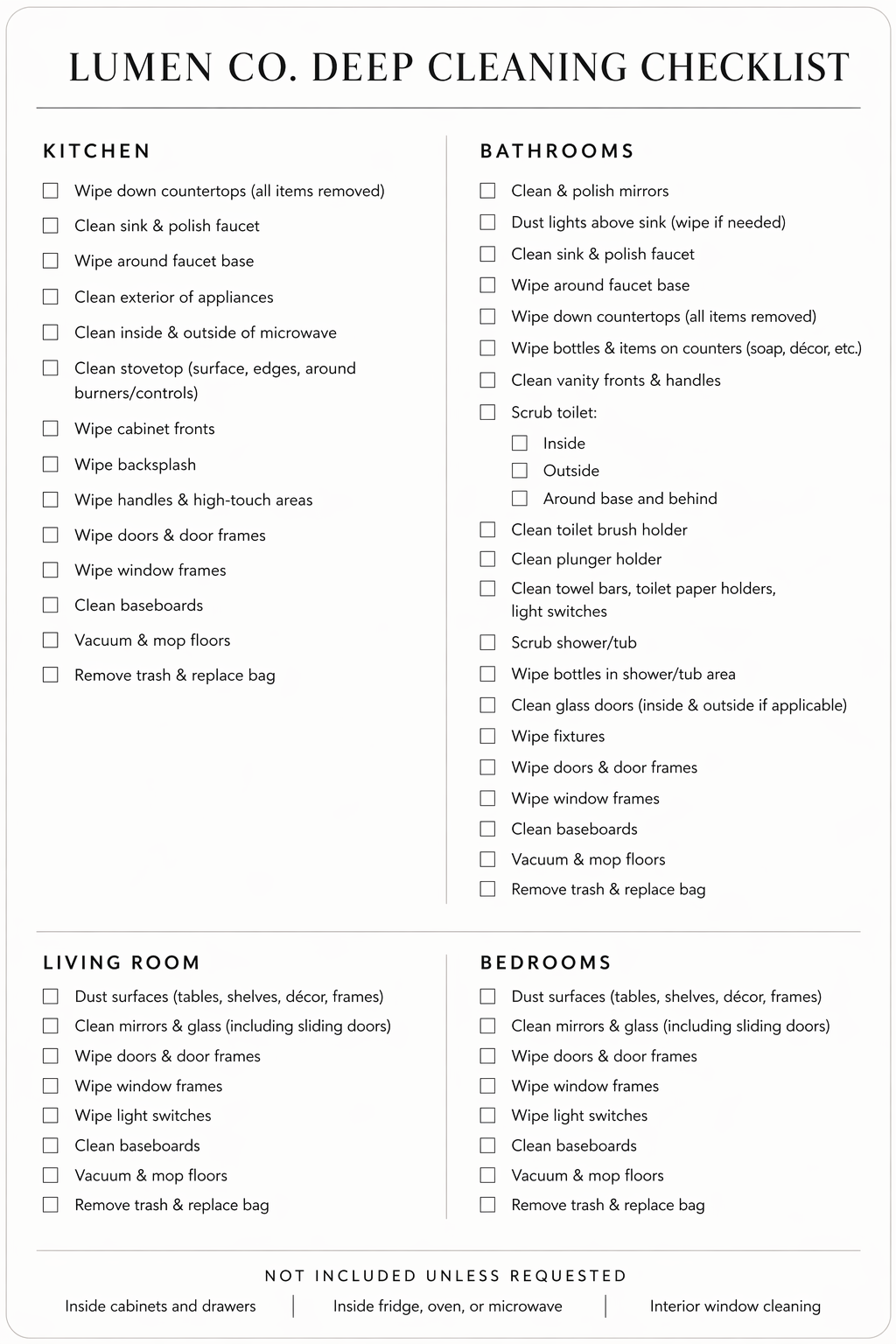 Deep cleaning checklist for kitchen, bathrooms, living room, and bedrooms, including tasks like wiping down surfaces, cleaning appliances, mirrors, floors, and windows, and removing trash.