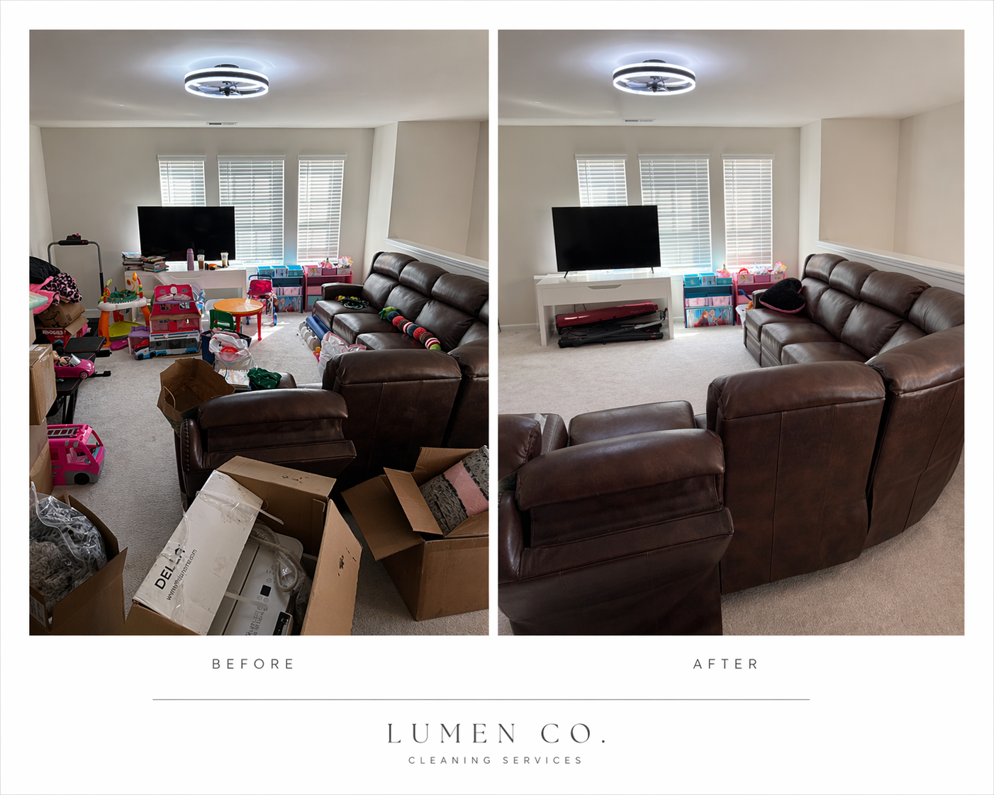 Side-by-side comparison of a living room before and after cleaning. The 'before' shows a cluttered room with toys, boxes, and miscellaneous items scattered around. The 'after' displays a tidy room with organized toys, a clear floor, and a clean surface.