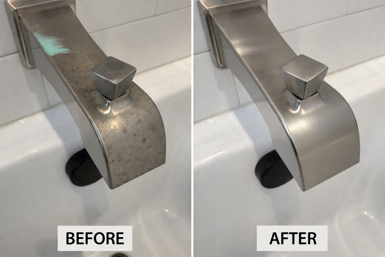 A side-by-side comparison of a metal faucet above a sink, showing a cleaning transformation. The "before" image shows the faucet with water spots and stains, while the "after" image shows the faucet clean and shiny.