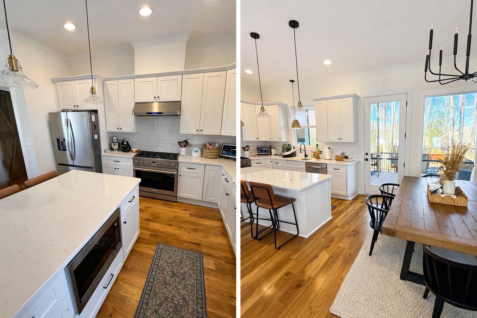 A side-by-side comparison of a kitchen before and after renovation. The left side shows a modern kitchen with white cabinets, stainless steel appliances, and a wooden floor, while the right side displays a remodeled kitchen with similar white cabinets, updated lighting, and a dining area with a large wooden table and black chairs near a sliding glass door leading to an outdoor deck.