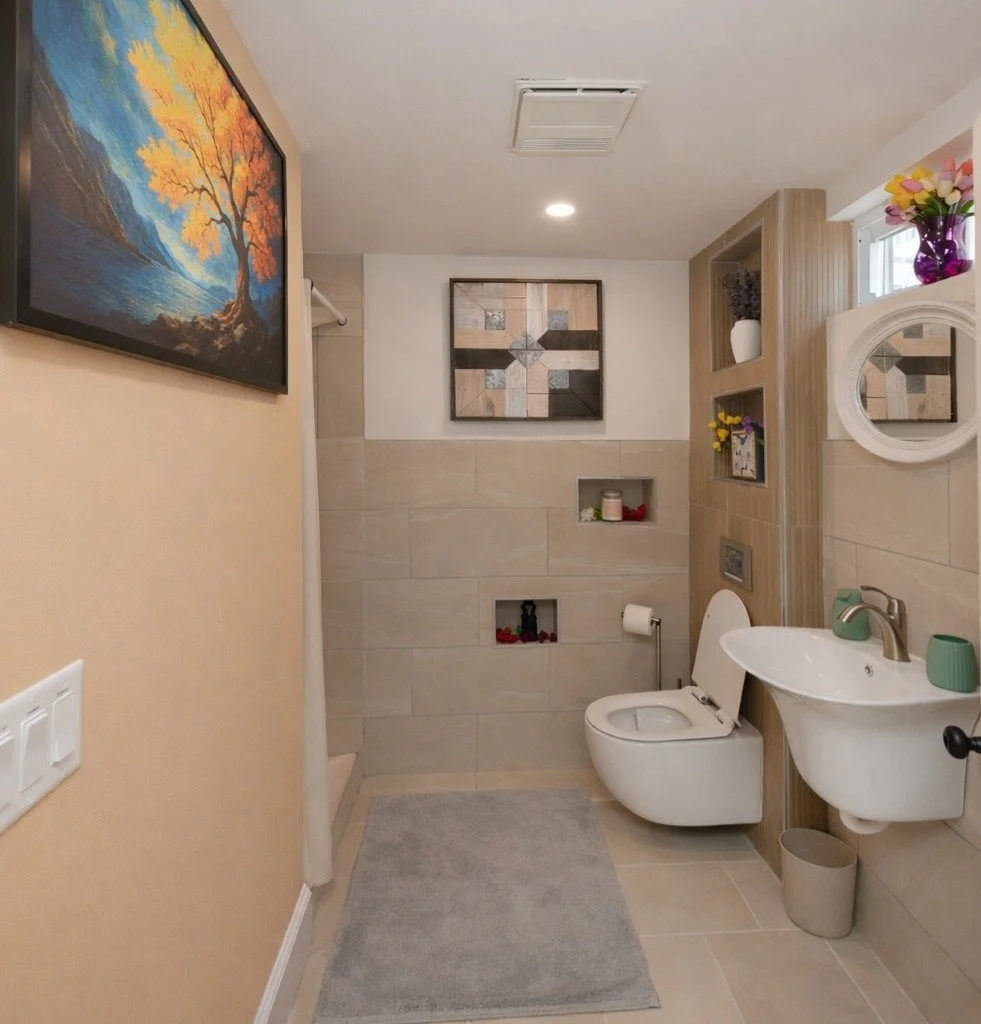 A modern bathroom with beige tiled walls and a white toilet with an electronic bidet. There is a small white sink with a green cup, a round mirror, and a purple vase with pink and yellow flowers on a shelf near a window. Decorative shelves with vases and candle holders are built into a partial wall.