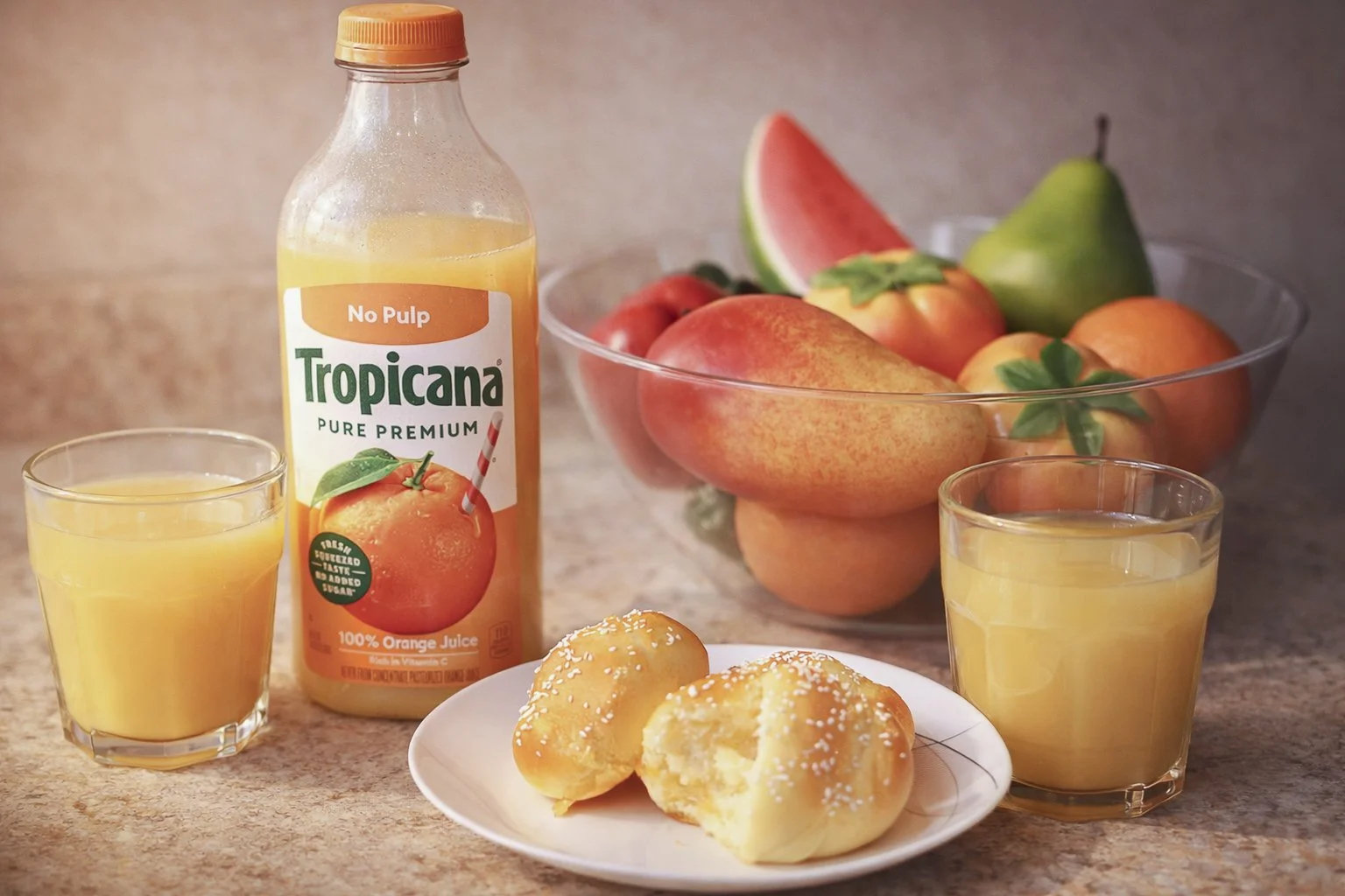 A bottle of Tropicana orange juice, two glasses of orange juice, a plate with two dinner rolls, and a bowl of assorted fresh fruits including watermelon, mangoes, peaches, and a pear on a kitchen countertop.