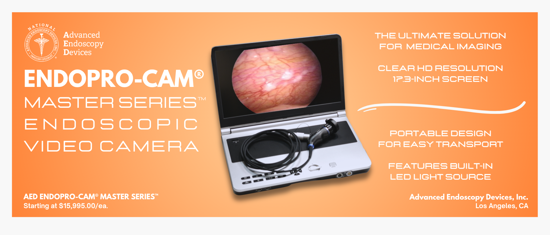 Advertisement for the Endopro-CAM Master Series Endoscopic Video Camera, showing a portable endoscopy device with a monitor displaying a close-up view of internal tissue, features such as high-definition resolution, 17.3-inch screen, built-in LED lig