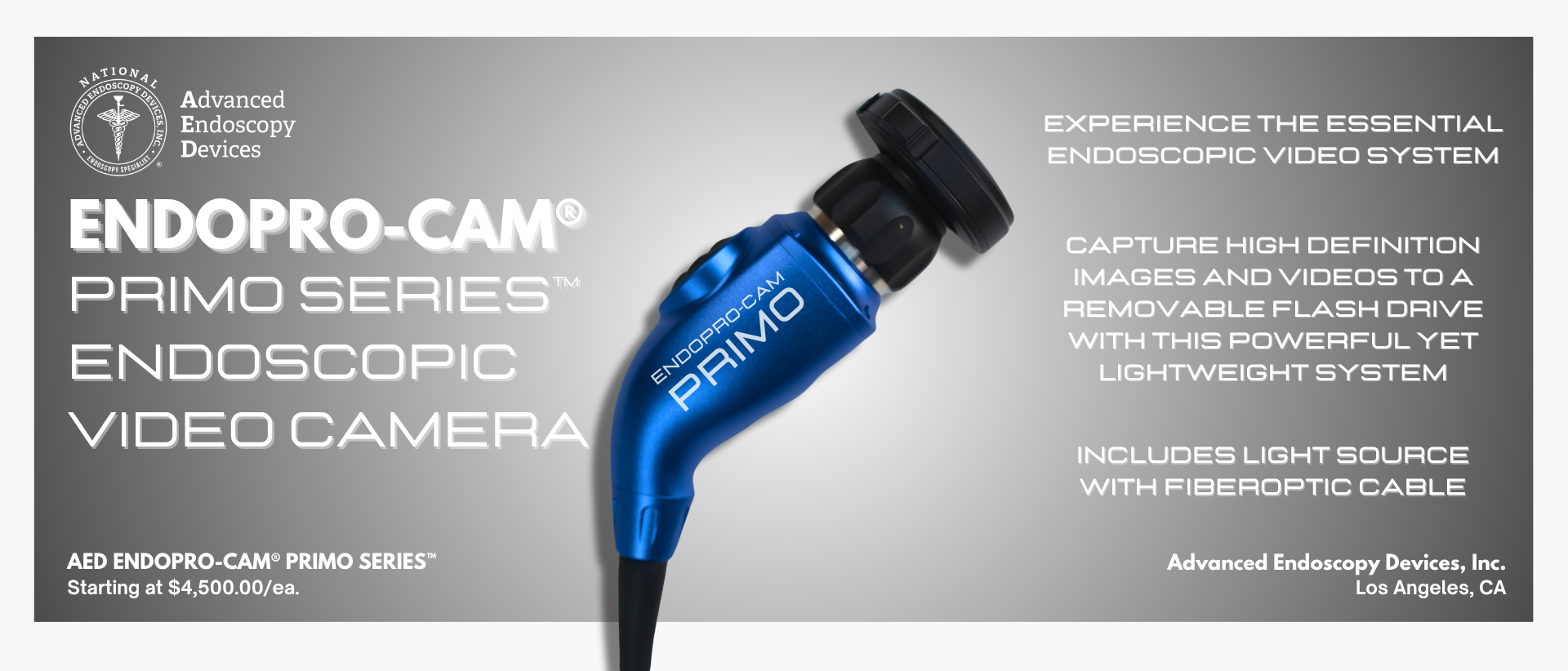 Advertisement for the Endopro-Cam Primo Series endoscopic video camera, featuring an image of the blue camera device and text describing its features, price starting at $4,500, and the manufacturer, Advanced Endoscopy Devices, Inc., Los Angeles, CA.