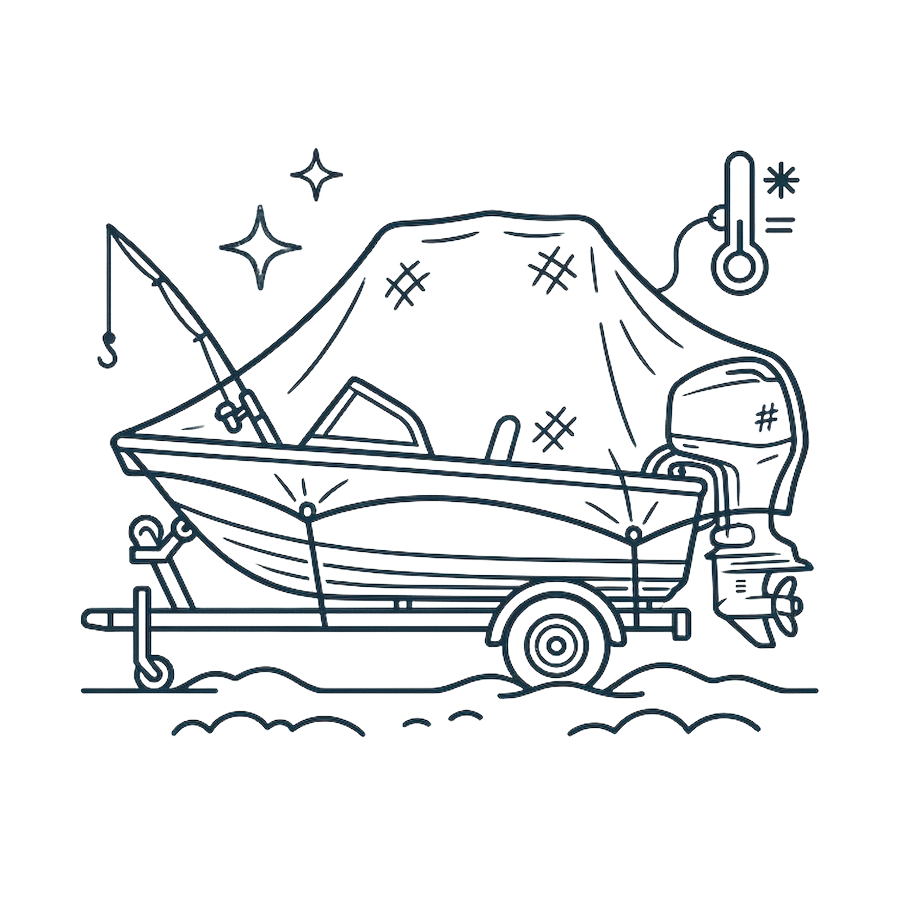 Line drawing of a small boat on a trailer with an outboard motor, alongside a water thermometer, all depicted with glitch effects.