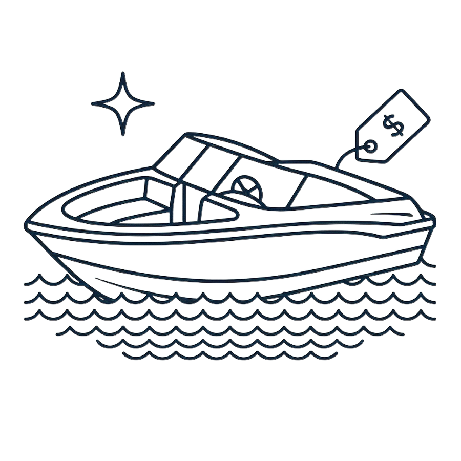 Fishing boat on water, representing new and used boats.