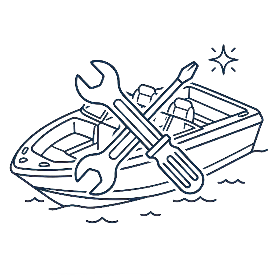 Boat with crossed wrench and screwdriver, representing maintenance and repair services.