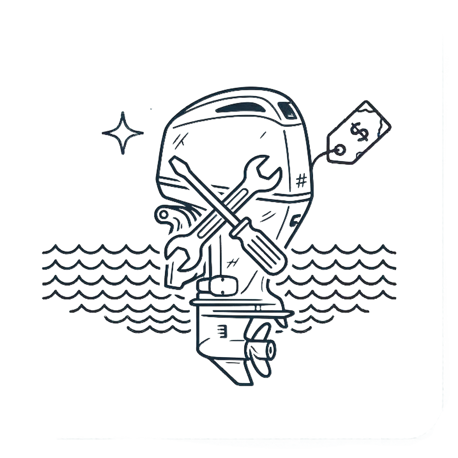 Outboard motor with crossed wrench and screwdriver, representing boat and motor service.