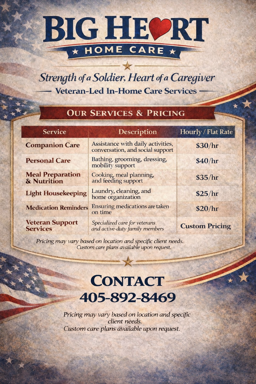 Flyer for Big Heart Home Care offering veteran-led in-home care services, listing service descriptions and prices, with a contact phone number.