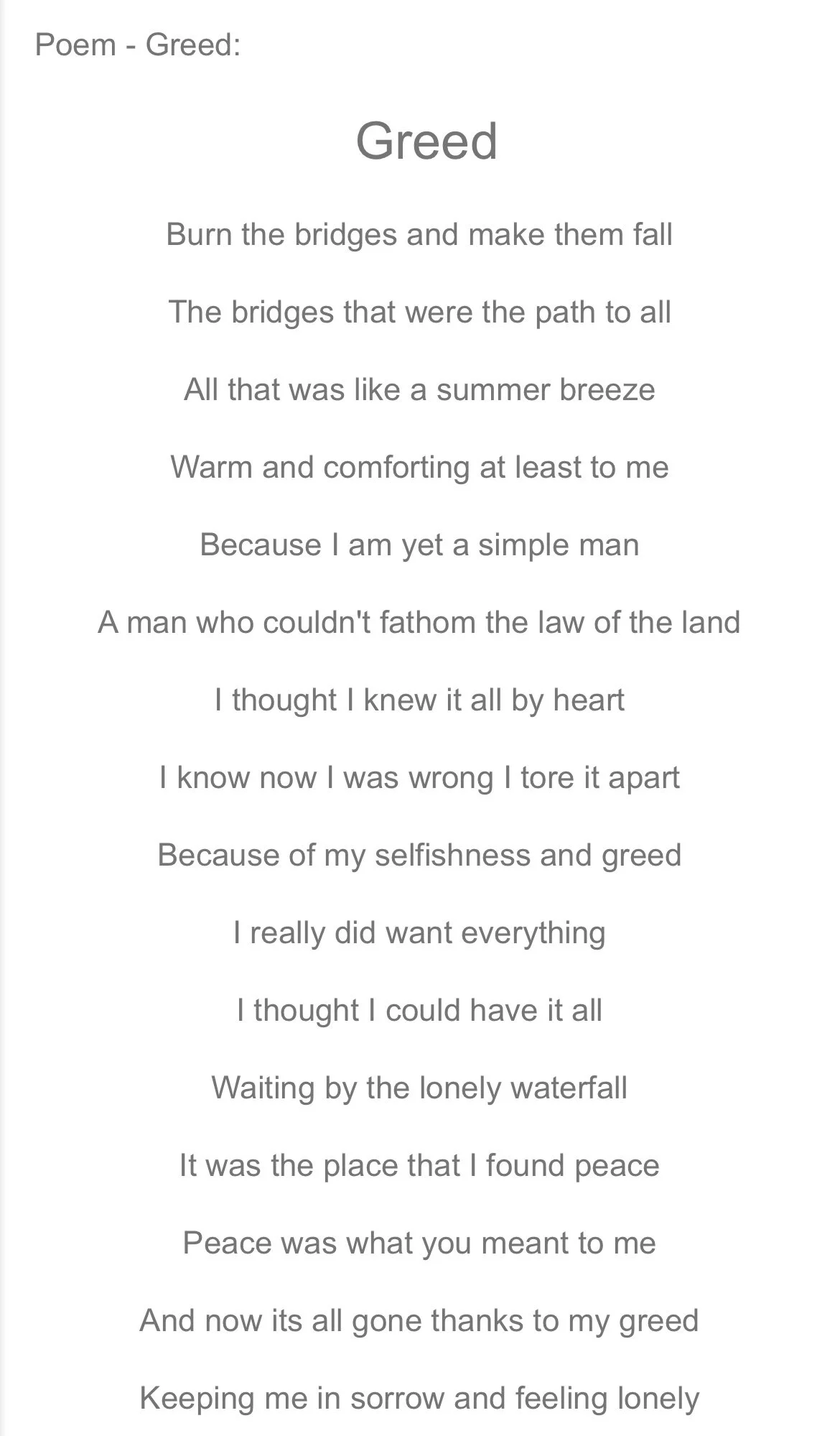 A poem showing the life of someone who lives in greed