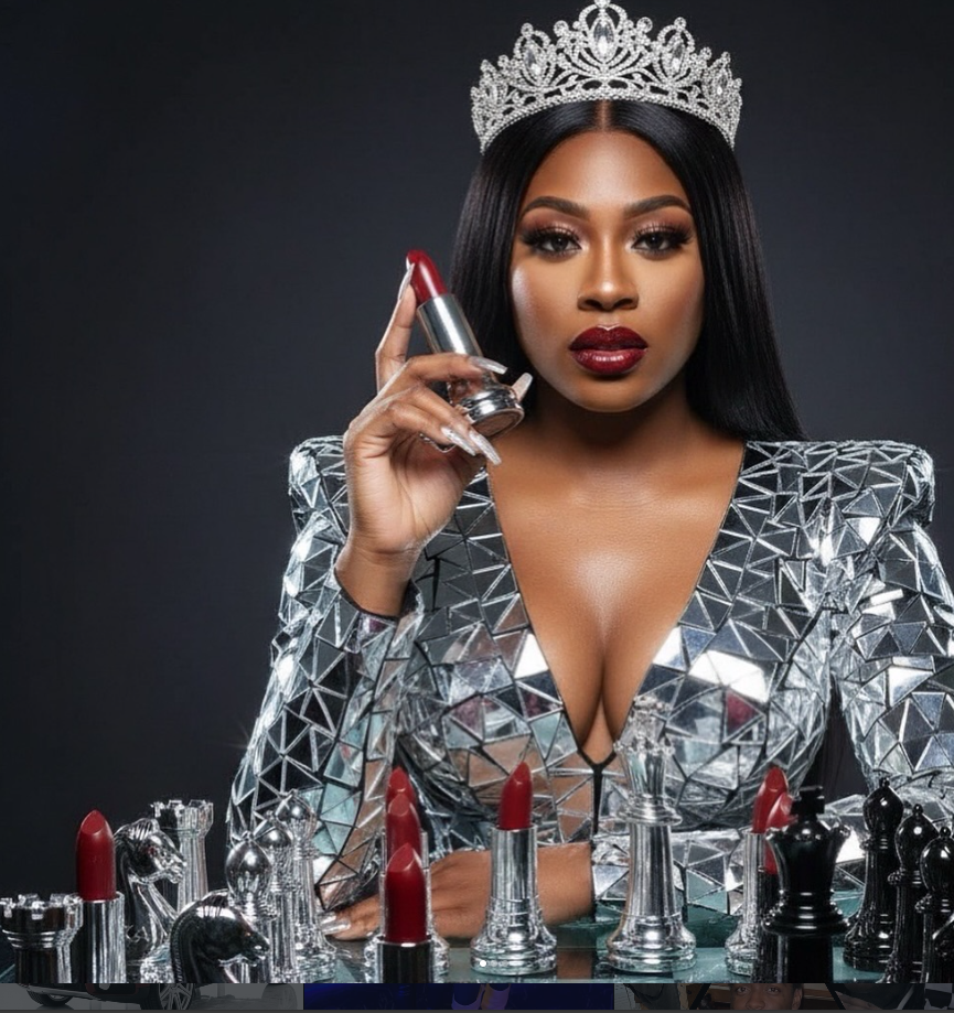 A woman dressed in a silver, reflective geometric-patterned outfit, wearing a crown, holding a red lipstick, with a chess set and red lipsticks on the table in front of her.