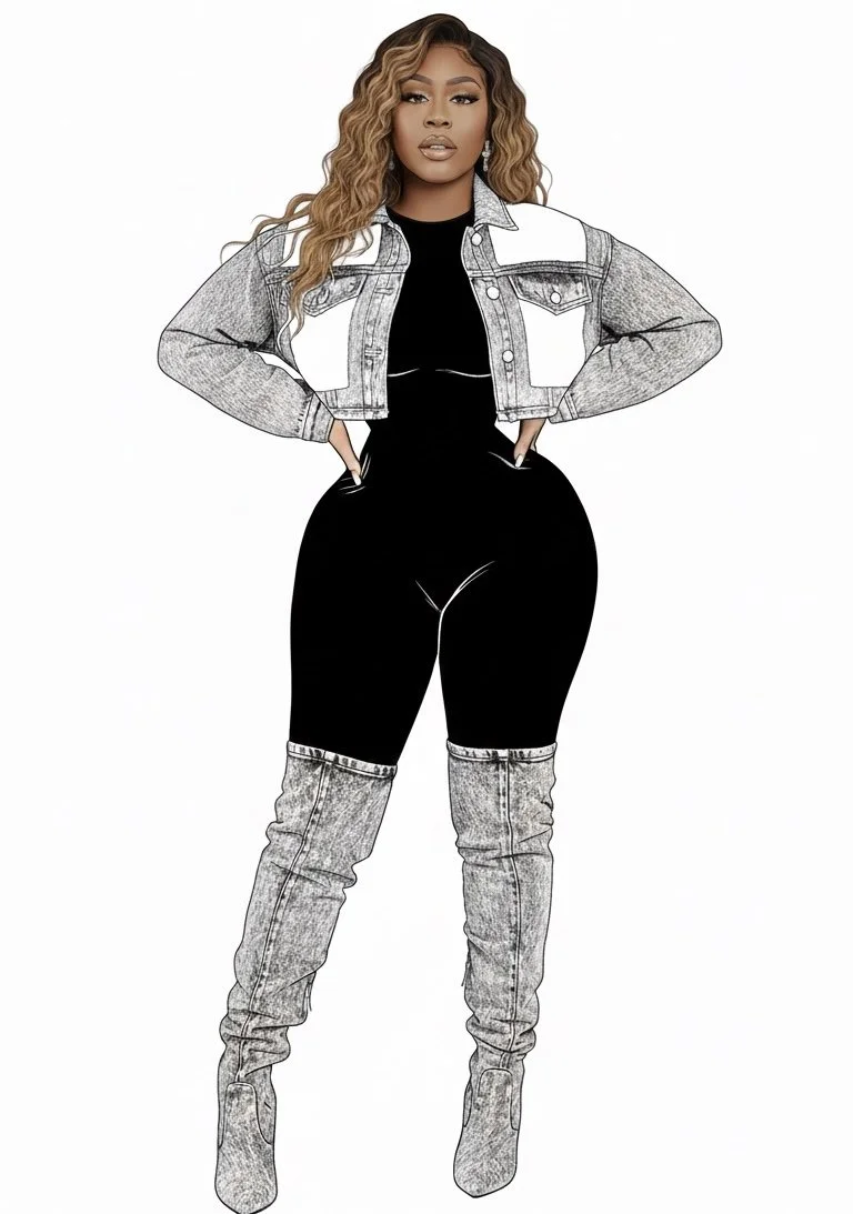 Illustration of a woman with long wavy hair, wearing a black bodysuit, a grey and white cropped denim jacket, and thigh-high grey denim boots, standing with her hands on her hips against a white background.