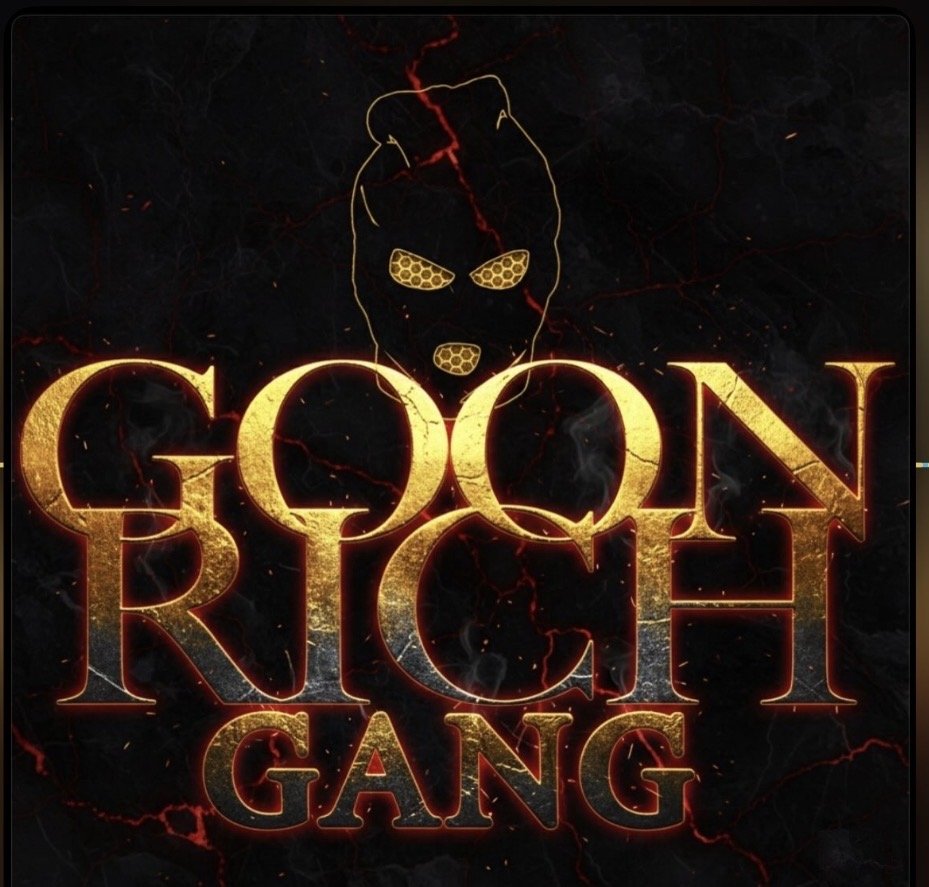 Dark background with red lightning cracks and a faint smoke effect. The text 'Goon Ritch Gang' appears in large, glowing, golden letters with a distressed texture. Above the text, there is a stylized outline of a dog's face with hexagonal patterns for the eyes and nose, and a crack running through the top of the head.