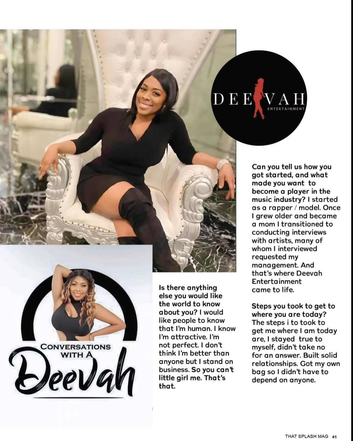 A woman sitting on a white ornate chair, smiling, with long black hair and dressed in black with over-the-knee black boots. A woman with blonde hair and a black top is pictured in a circular frame on a magazine page, which features interviews and promotional content.