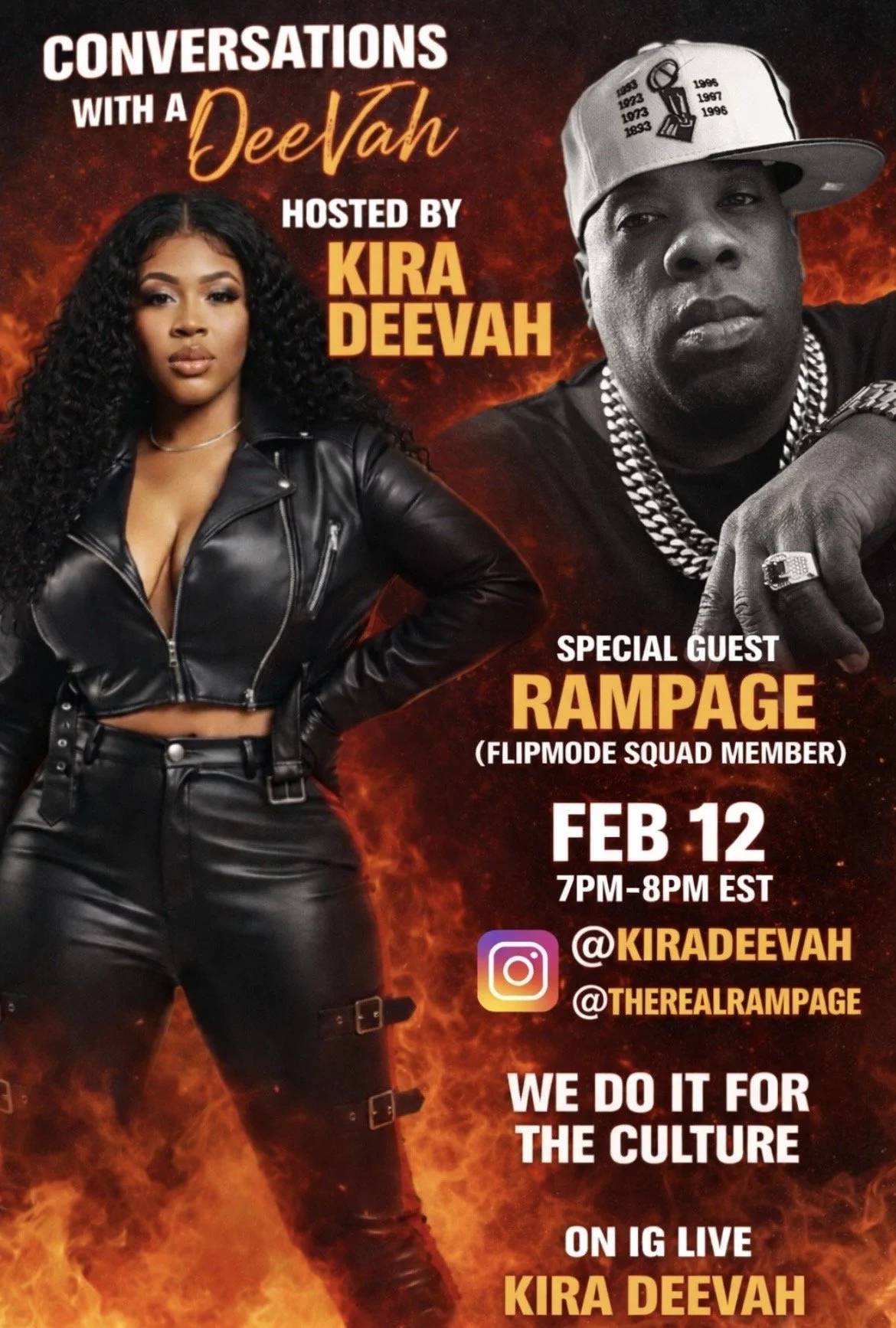 An advertisement for a live Instagram event titled "Conversations with a DeeJah" hosted by Kira DeeJah on February 12, from 7 to 8 p.m. EST, featuring special guest Rampage, a Flipmode Squad member. The poster shows a woman in a black leather outfit 