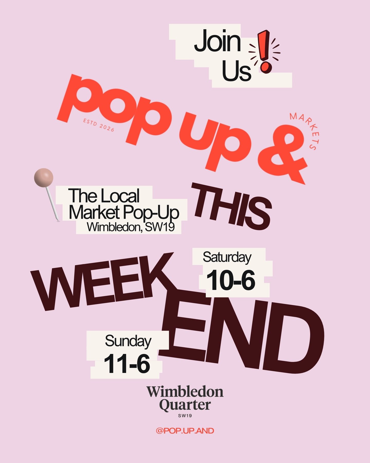 POP UP &amp; is popping up at @wimbledonquarter THIS WEEKEND ✨

Saturday 10&ndash;6 | Sunday 11&ndash;5
Live entertainment by @aceofjacks plus FREE kids&rsquo; activities.

MARK YOUR CALENDARS
Get ready for an unforgettable FREE weekend market.

Join