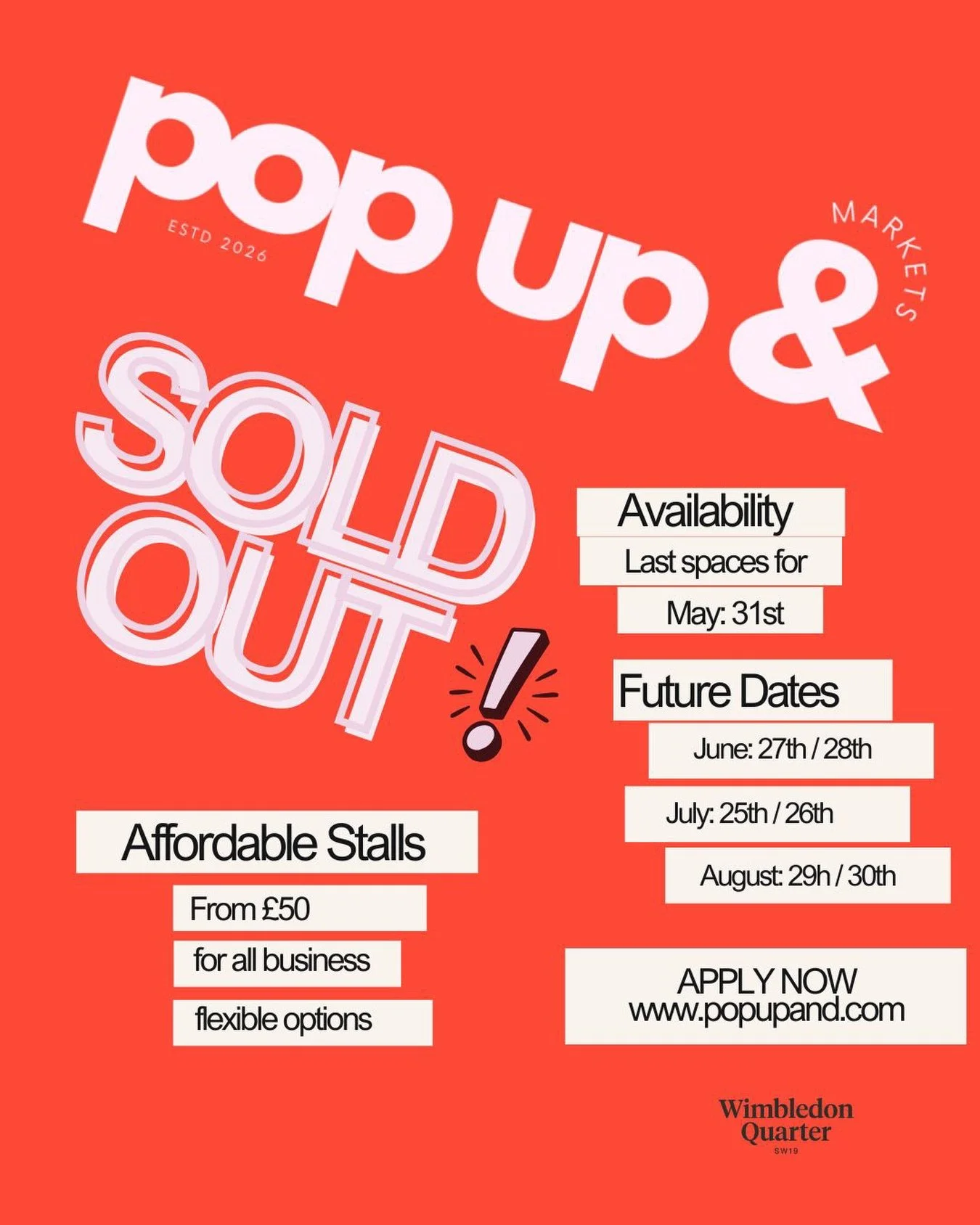 🚨 SATURDAY 30TH MAY SOLD OUT 🚨

Thank you so much for the love shown to our May Pop Up Dates at Wimbledon Quarter 

We now only have a few spaces remaining for Sunday 31st - once they&rsquo;re gone, they&rsquo;re gone ✨

If you&rsquo;d like to trad
