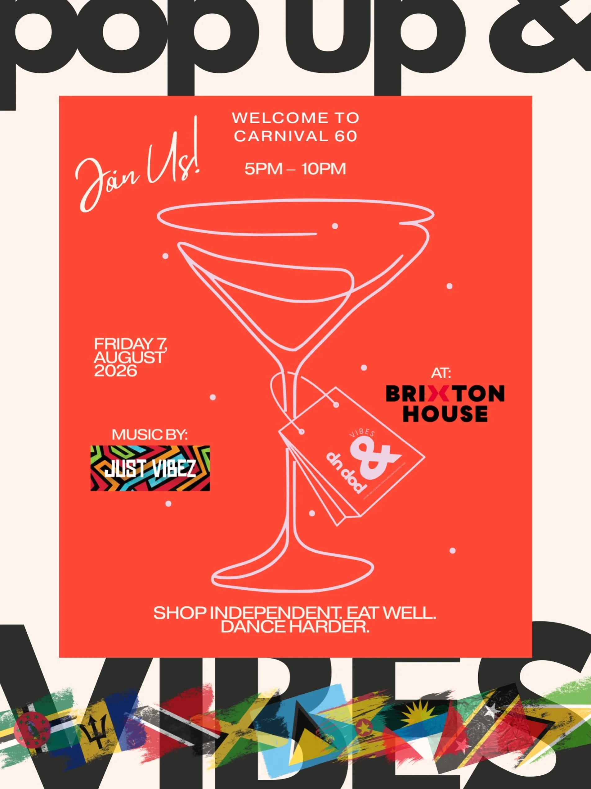 🎉 WELCOME TO CARNIVAL 60! 🎉

The countdown to Carnival starts here! 🌴✨ Join us for POP UP &amp; Vibes as we transform the iconic Brixton House Foyer into the ultimate pre-Carnival celebration.

🍹 Welcome drinks from 5PM (first come, first served 