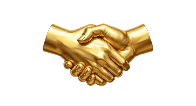 A golden handshake between two people with one hand in a suit sleeve and the other in a casual sleeve.