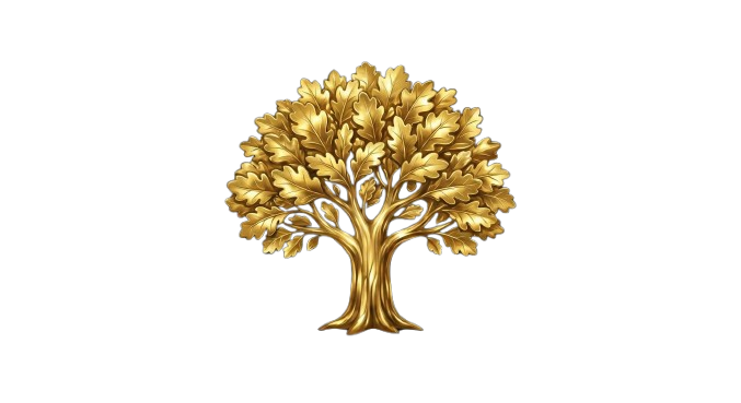 A golden tree with detailed leaves and trunk on a plain background.