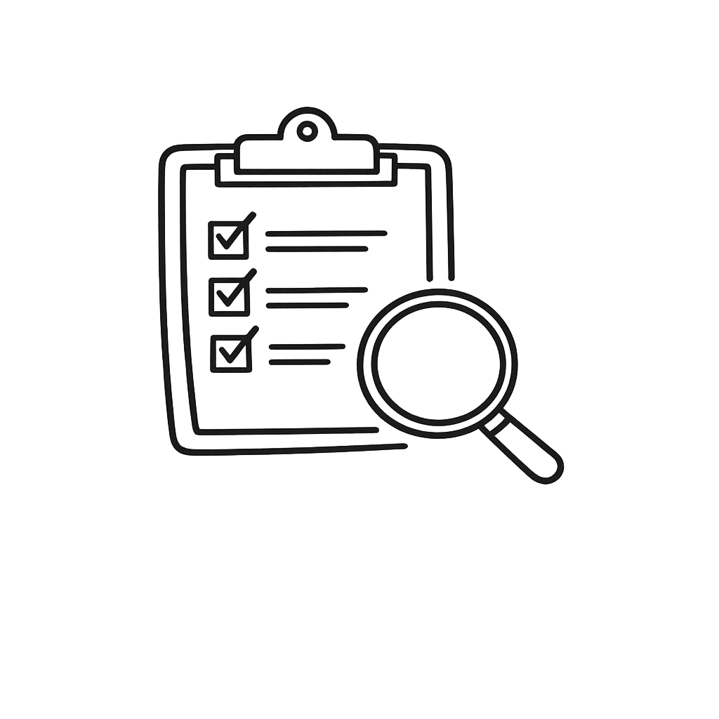 Outline illustration of a clipboard with check marks and a magnifying glass.